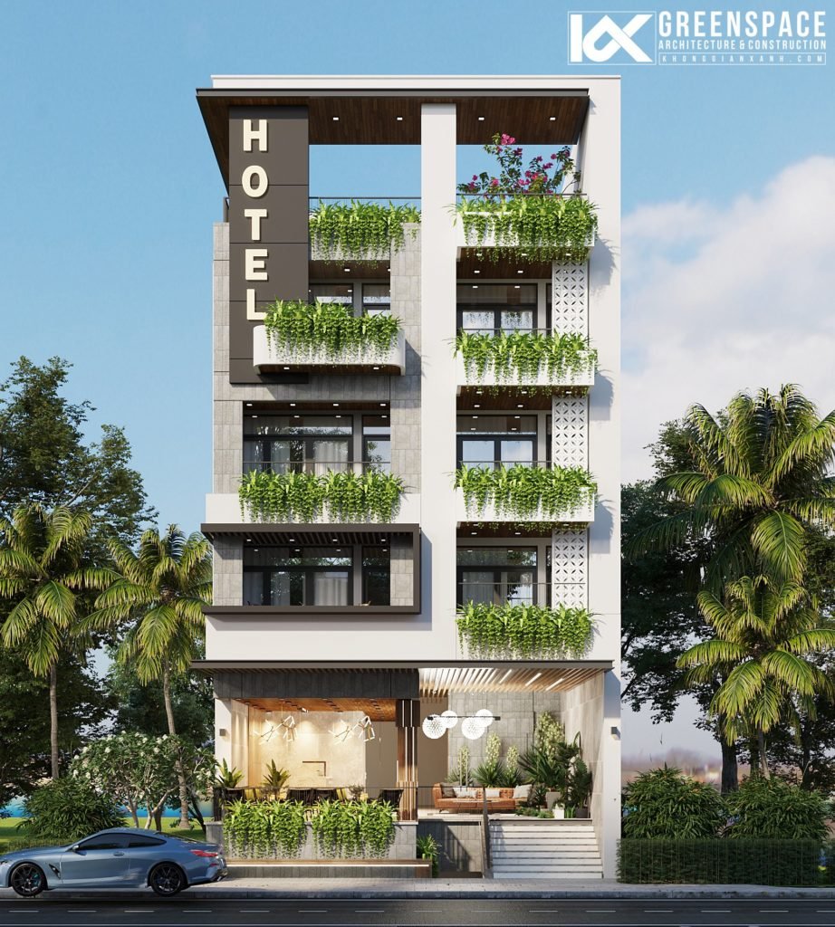 Phối cảnh ban ngày của khách sạn 5 tầng hiện đại tại Côn Đảo