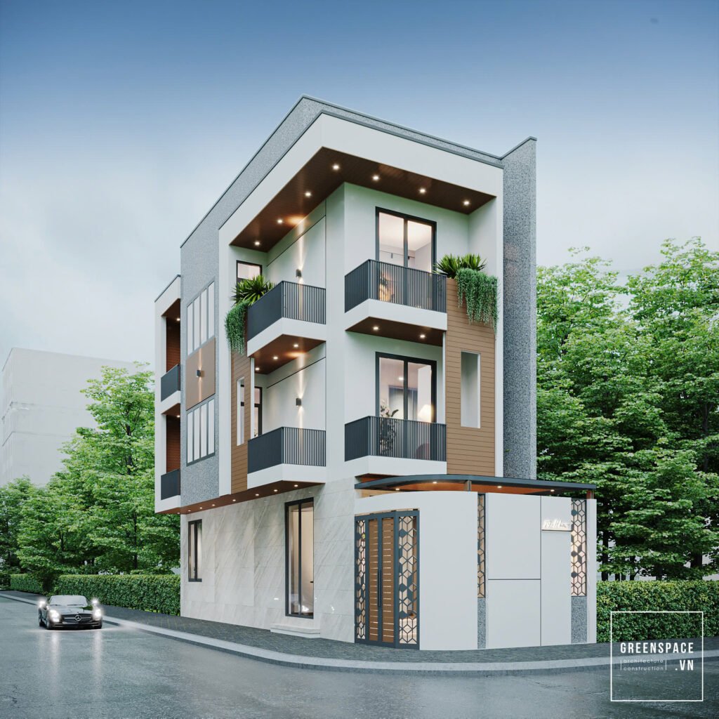 Thiết kế nhà ở 2 mặt tiền - Phối cảnh mặt chéo