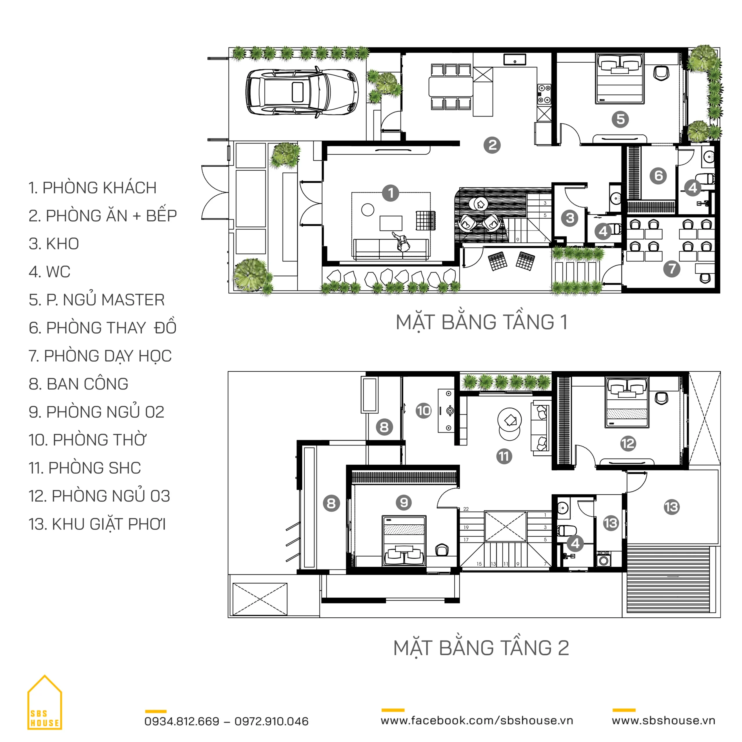mặt bằng công năng nhà phố 2 tầng