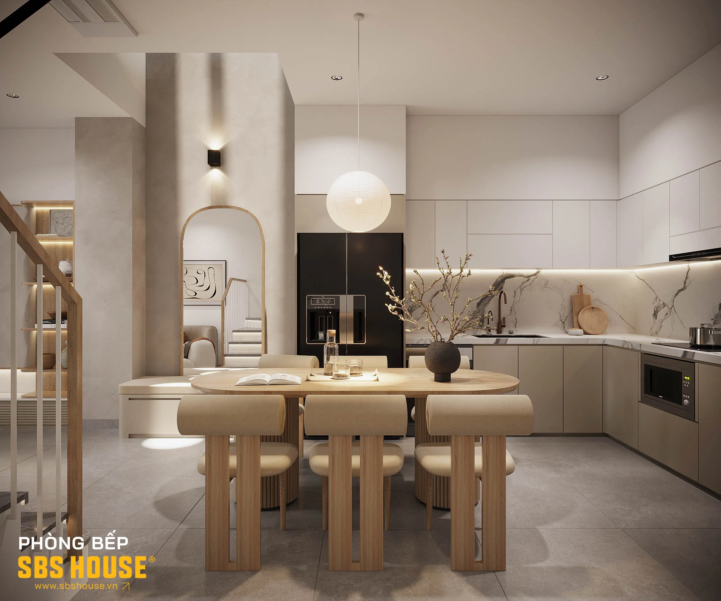 Chất liệu gỗ cùng tông màu nhẹ nhàng cho phòng bếp
