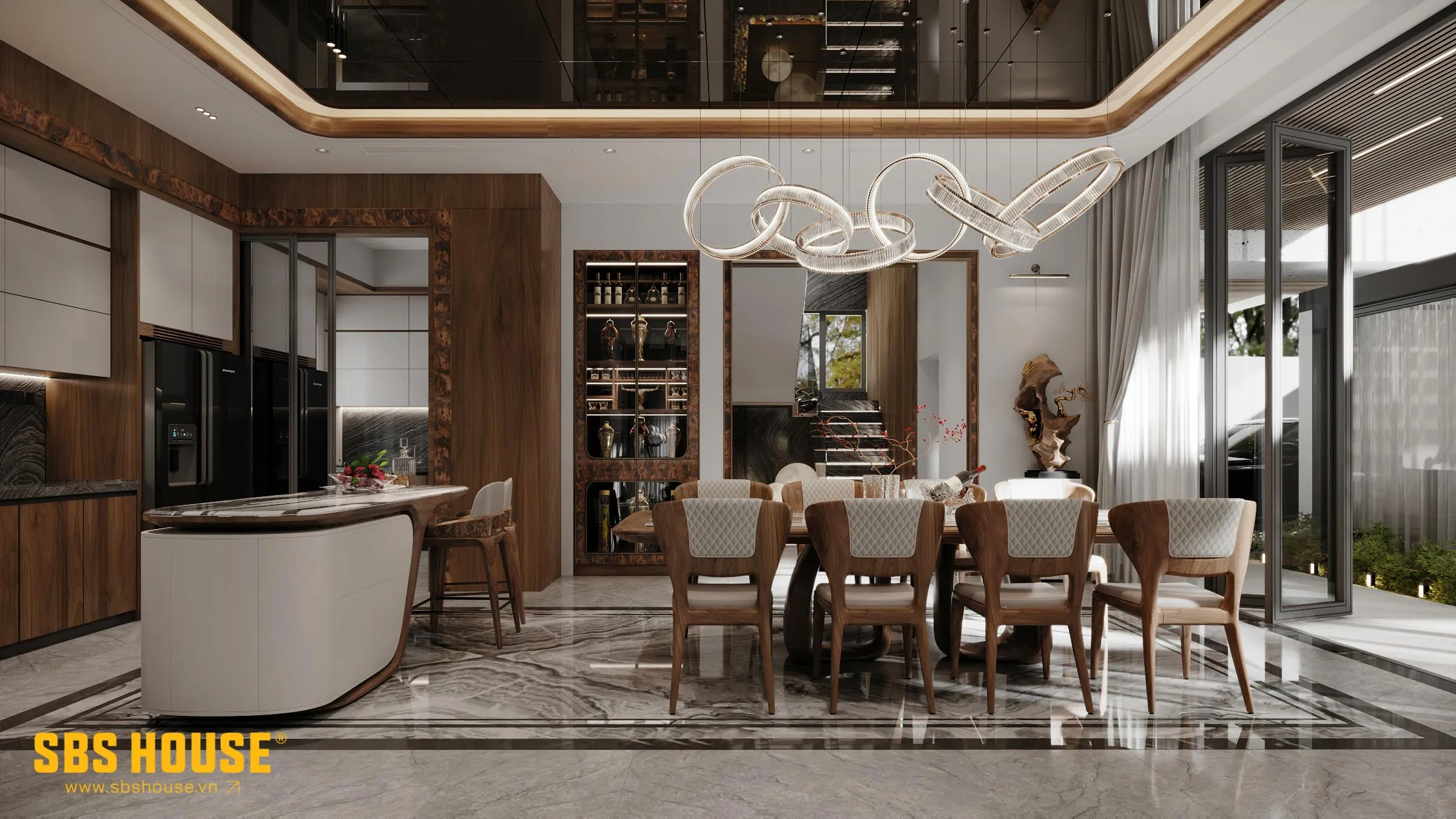 Từng đường bo cong mềm mại được ứng dụng xuyên suốt từ tay vịn sofa, bàn trà, bàn đảo đến cạnh giường, tạo nên tổng thể thanh thoát, sang trọng nhưng không mất đi sự ấm cúng
