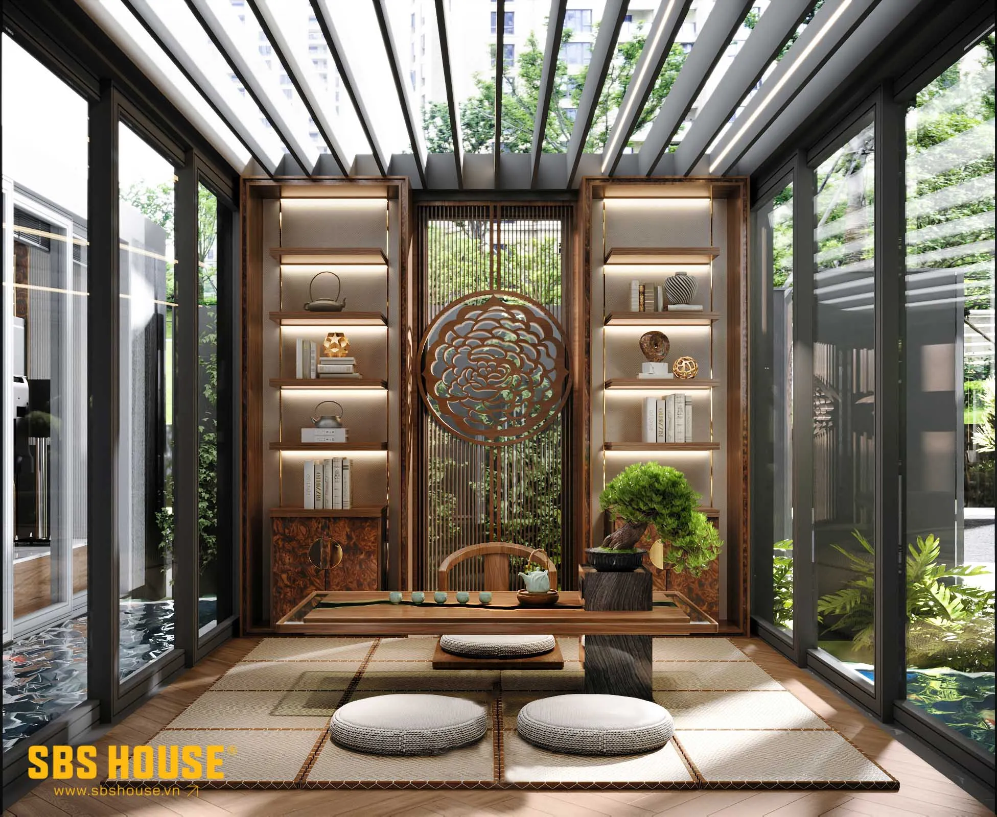 Phòng trà với không gian mở từ nhiều hướng, rộng mở để gần gũi với thiên nhiên. Đây là khu vực lý tưởng để mỗi ngày gia chủ thưởng trà, tận hưởng sự trong lành, thư giãn trong nhịp sống hiện đại