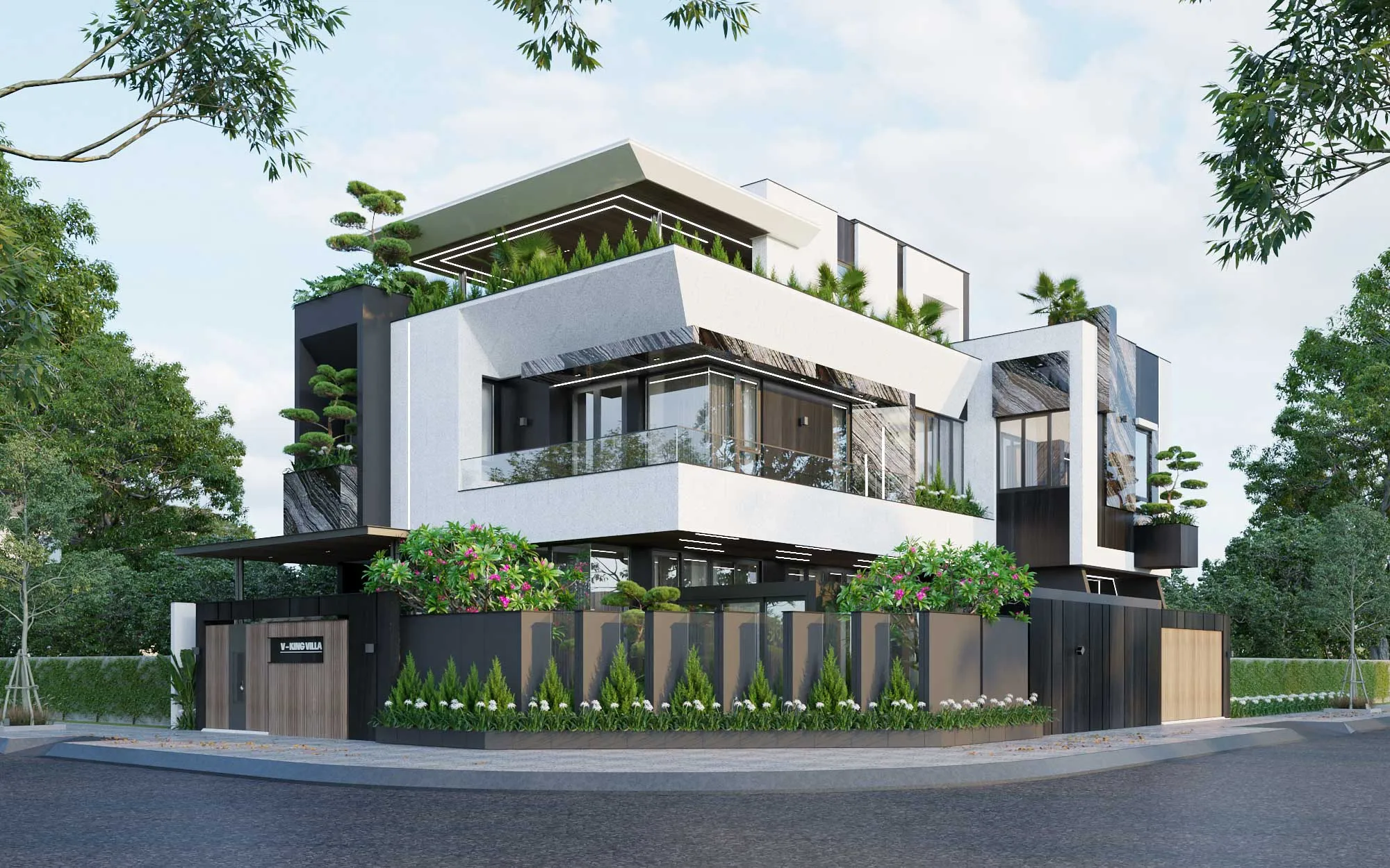 Các vật liệu như kính, conwood,... với các gam màu trắng, nâu và xanh của cây cối kết hợp hài hòa cùng nhau, hình thành nên V-King Villa hiện đại và gần gũi thiên nhiên