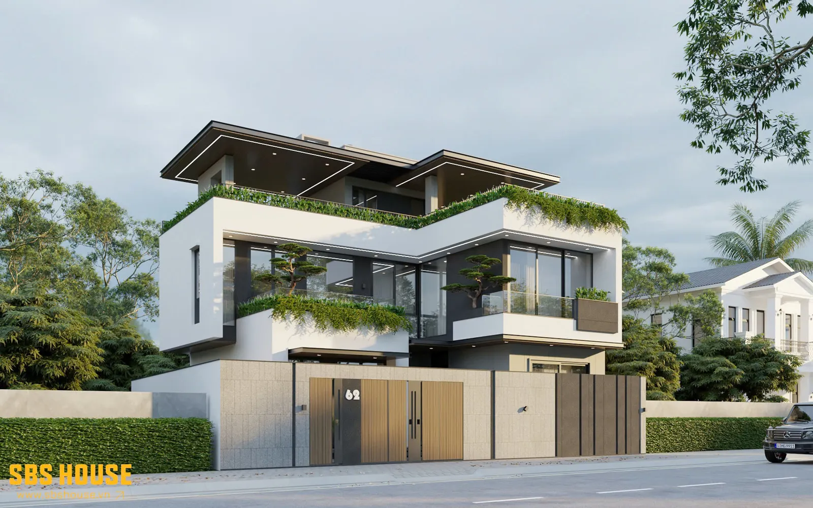 Toàn cảnh H’s Villa nhìn từ mặt tiền, nổi bật với kiến trúc khối khỏe khoắn và mái bằng hiện đại