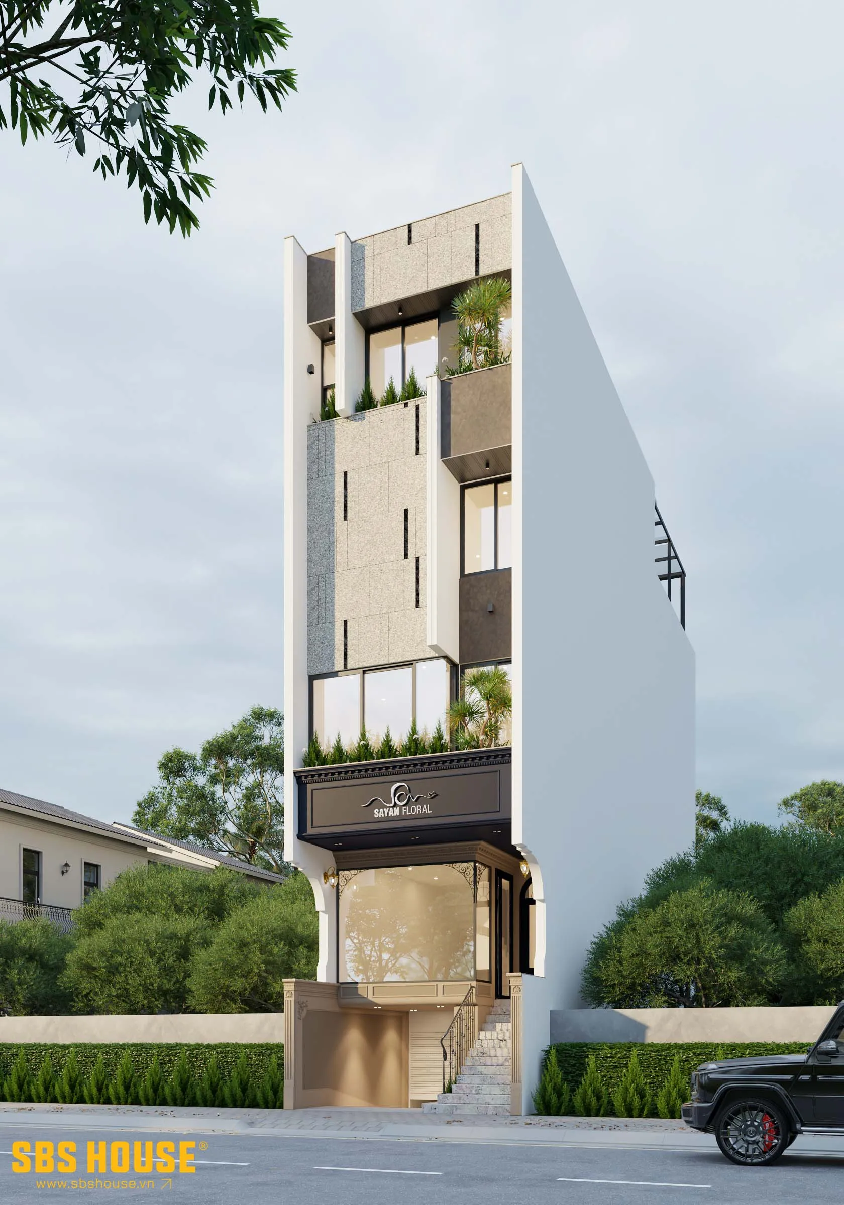 Từng mảng vật liệu được lựa chọn kỹ lưỡng: sự giao hòa của màu xanh đen, beige và đá tự nhiên – tạo nên chiều sâu và cá tính riêng cho công trình.
