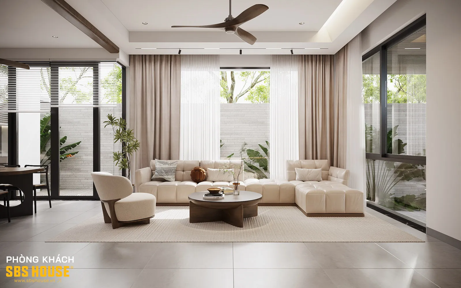 Tổng thể không gian liên thông phòng khách - bếp - ăn ở tầng 1. Sự kết nối mở này là chìa khóa tạo nên sự rộng rãi và tăng cường tương tác gia đình, phù hợp với phong cách sống hiện đại. 