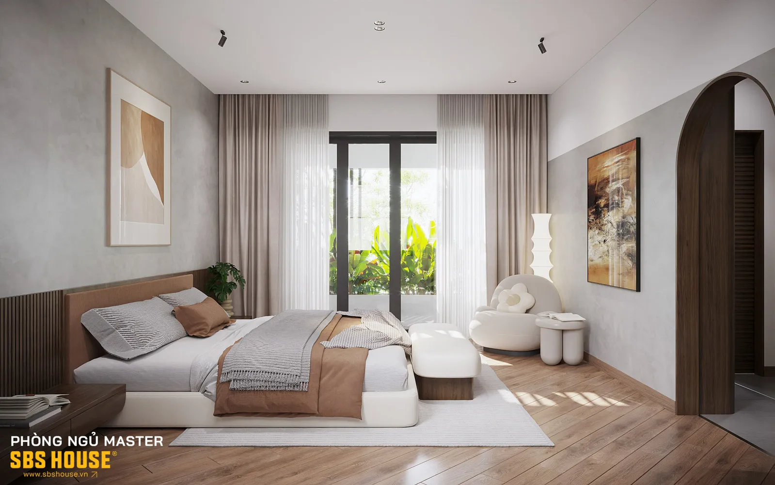 Phòng ngủ Master ấm cúng với nội thất gỗ, nơi nghỉ ngơi riêng tư được thiết kế ở hướng phong thủy tốt. Thiết kế tối giản giúp không gian thư giãn tuyệt đối 