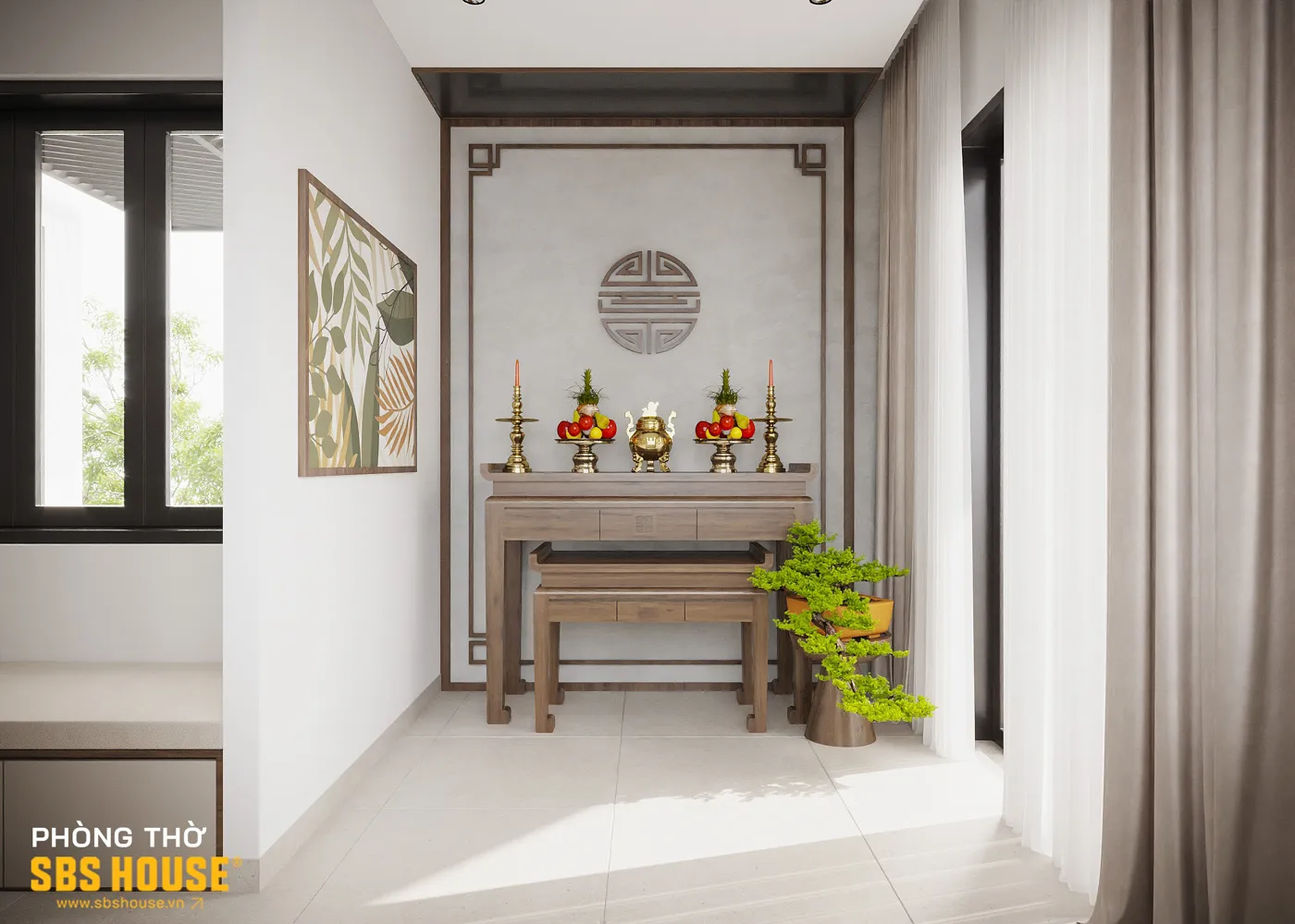 Phòng thờ được thiết kế theo phong cách tối giản, nhưng vẫn giữ được sự trang nghiêm tuyệt đối.