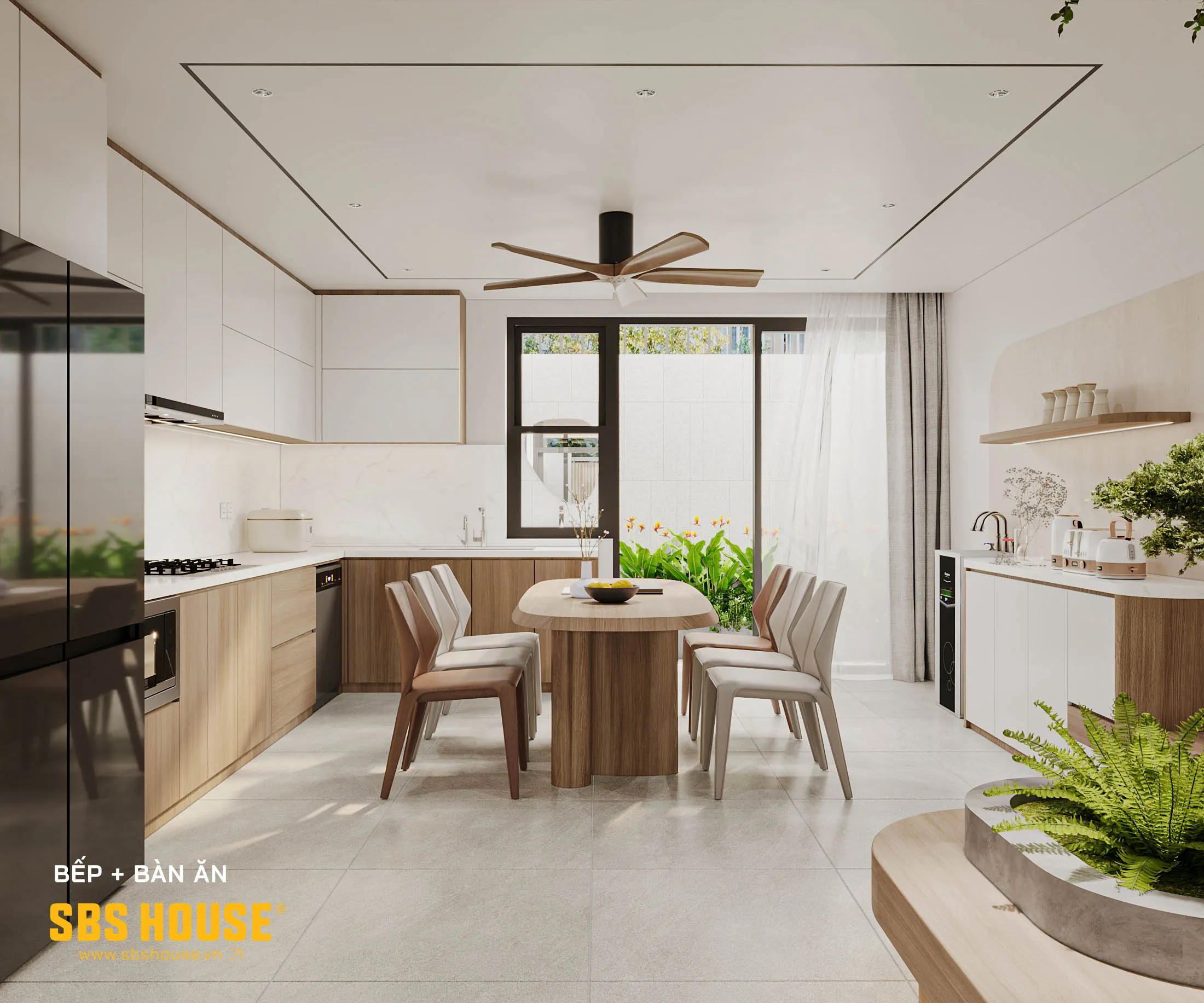 Khu vực bếp - ăn sáng thoáng nhờ ánh sáng, gió mát từ sân sau.