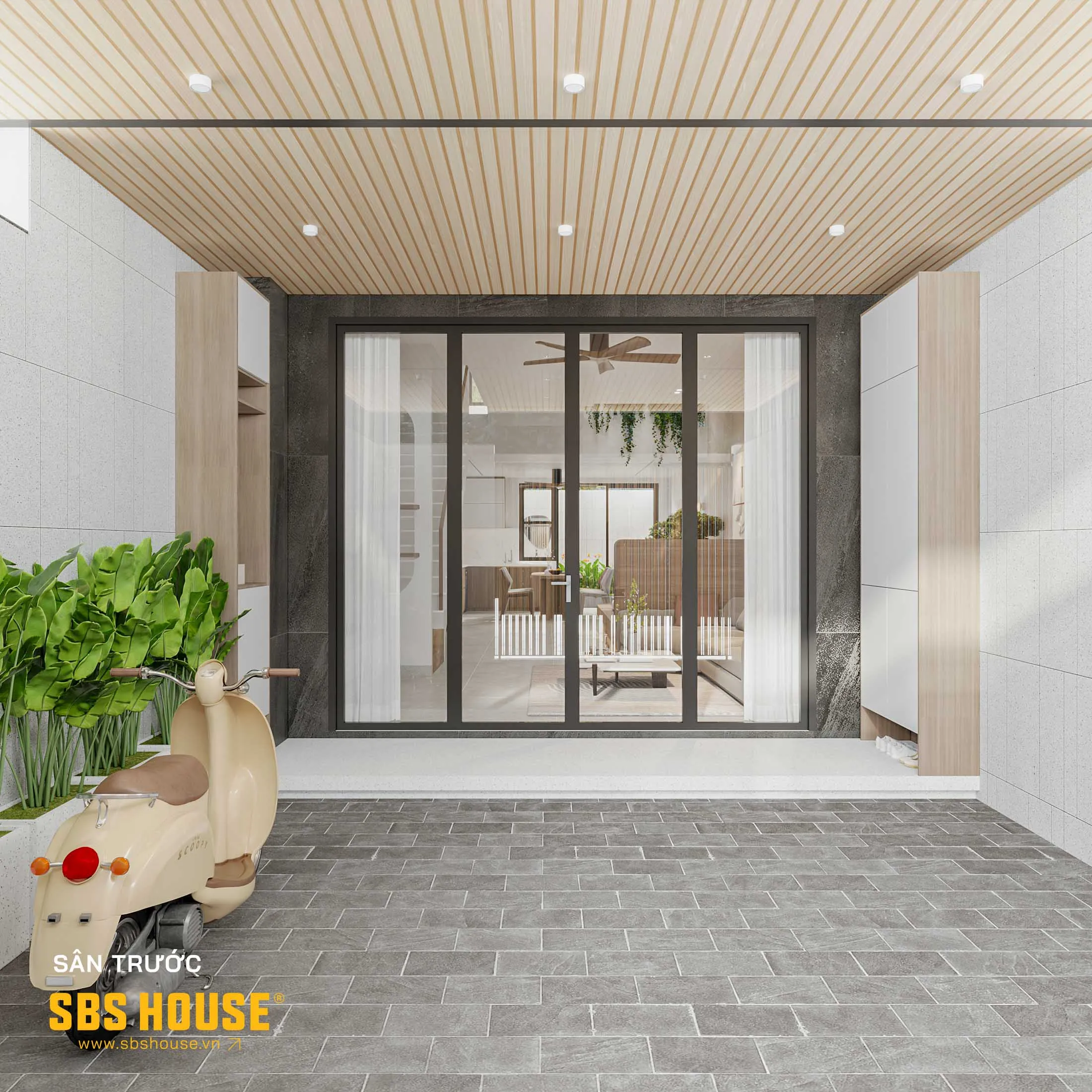Sân trước thoáng rộng đóng vai trò là lớp đệm trước khi bước vào phòng khách.