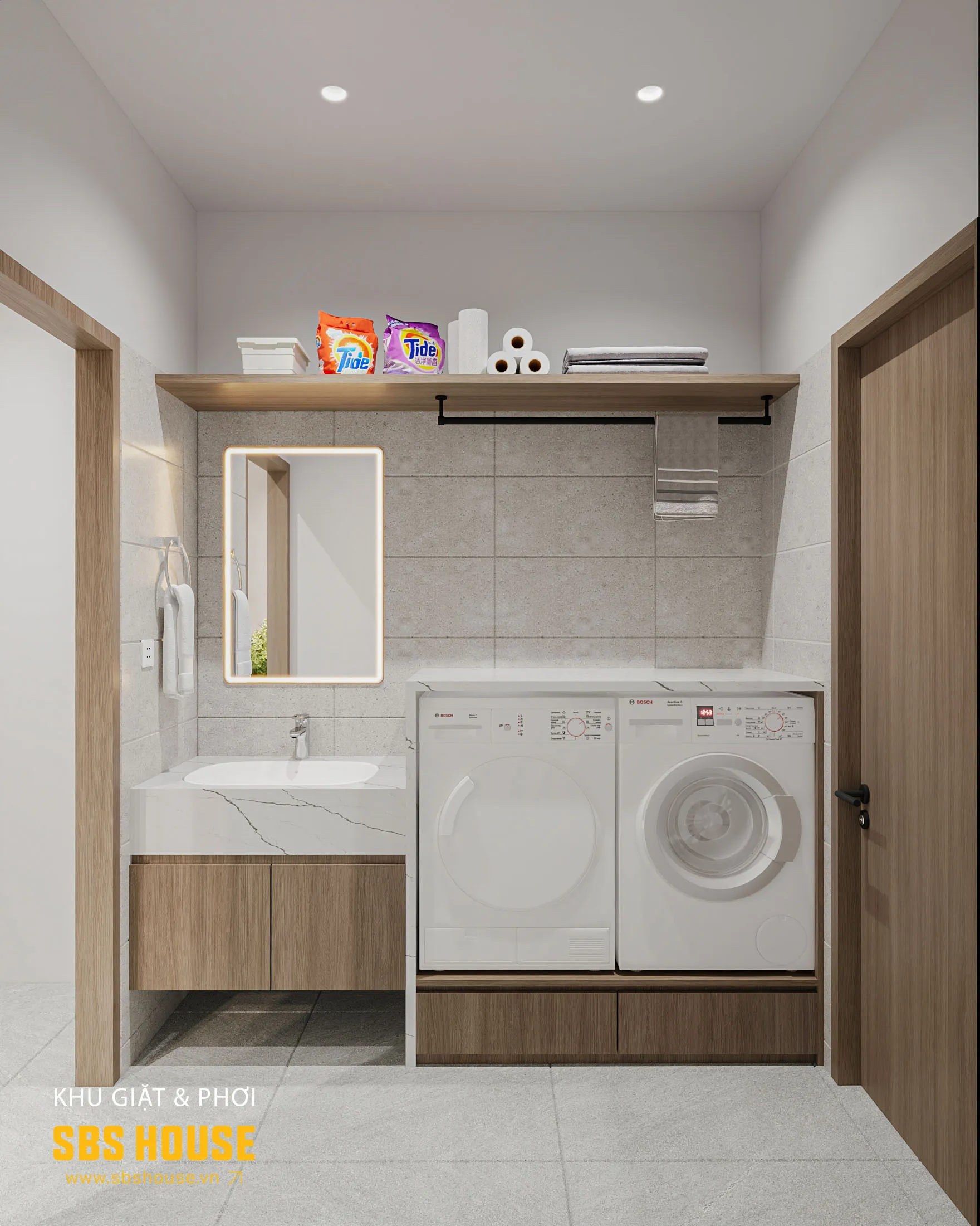 Phòng giặt sấy bố trí tách biệt, giảm tiếng ồn ảnh hưởng đến khu vực nghỉ ngơi.