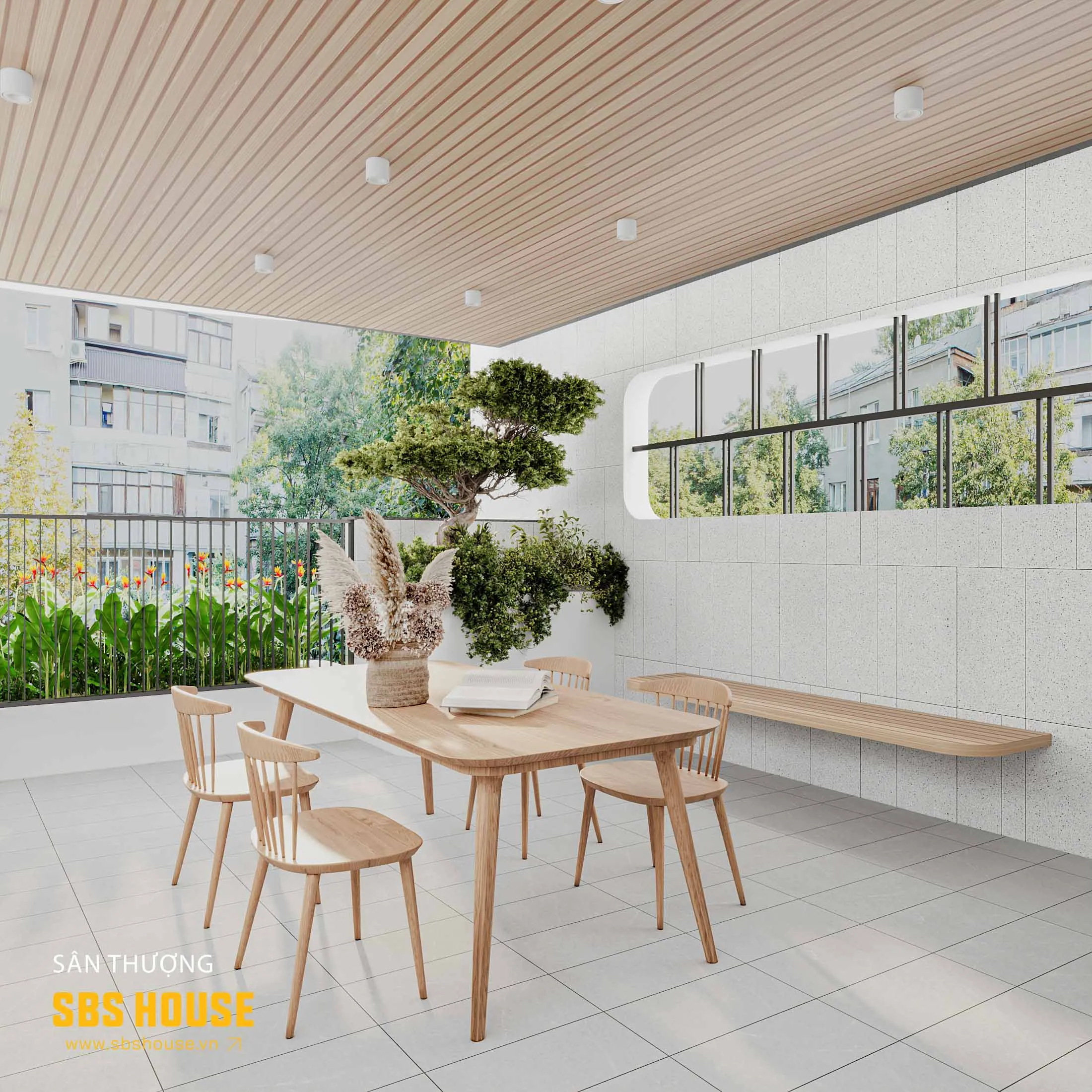 Sân thượng rộng rãi phù hợp cho việc trồng cây và thư giãn.