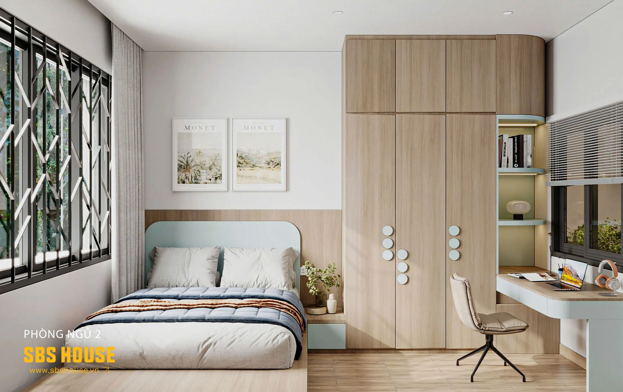 Phòng ngủ sáng thoáng nhờ đón sáng từ cửa sổ. 