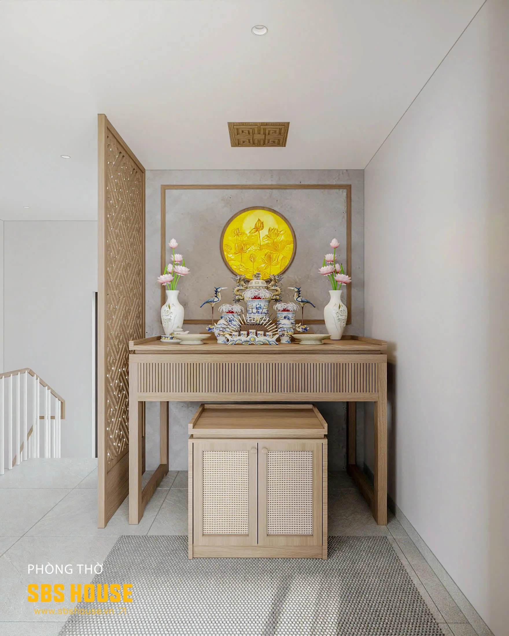 Phòng thờ trang nghiêm với thiết kế hiện đại và thoáng đãng.