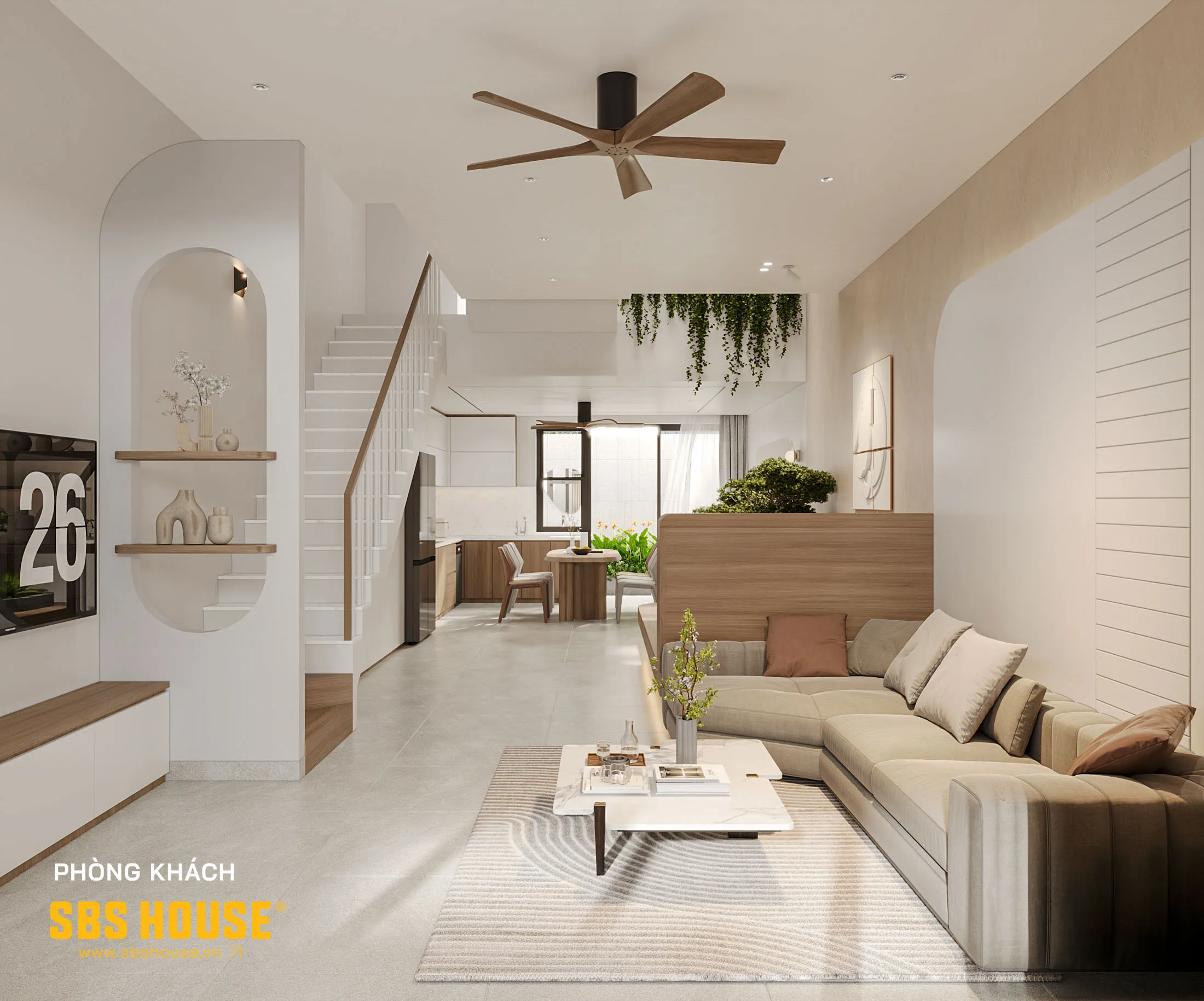 Phòng khách hiện đại liên thông với bếp – ăn, tạo không gian sinh hoạt rộng và kết nối.