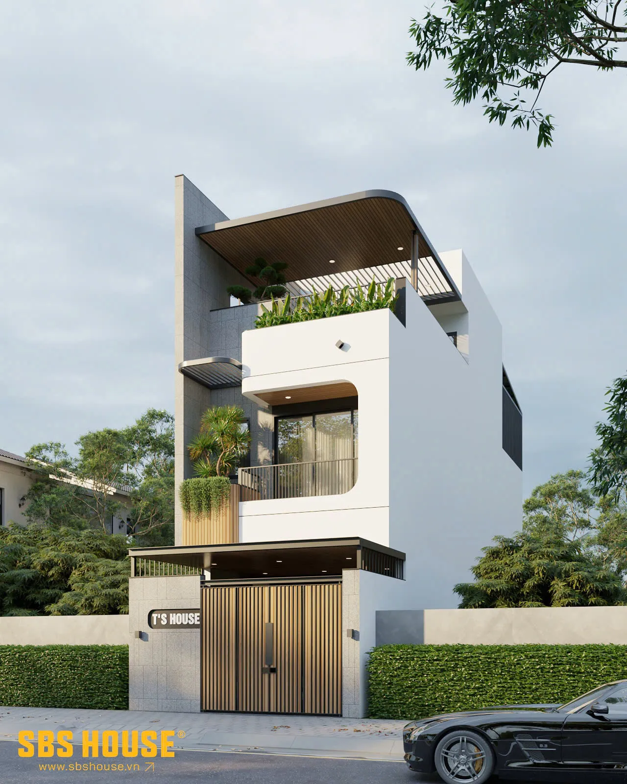 T's House được thiết kế với kiến trúc khối hiện đại. Kết hợp cân bằng giữa những đường cong và nét thẳng. Cùng việc bố trí các mảng xanh cho tổng thể thêm sống động và gần gũi.