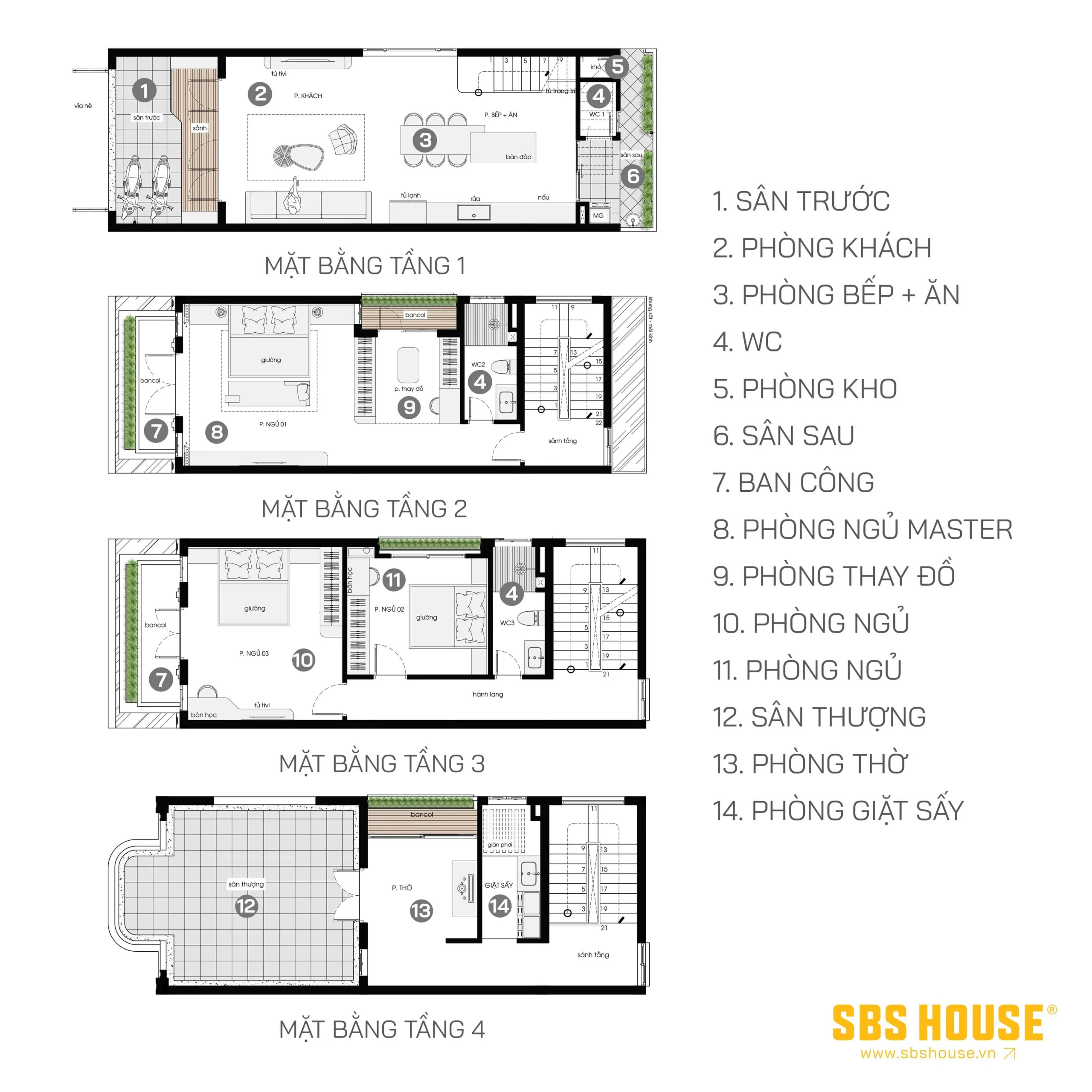 Công năng được bố trí khoa học theo nhu cầu thực tế: tầng 1 dành cho sinh hoạt chung, tầng 2–3 là không gian riêng tư, tầng 4 cho thờ tự và giặt phơi.
