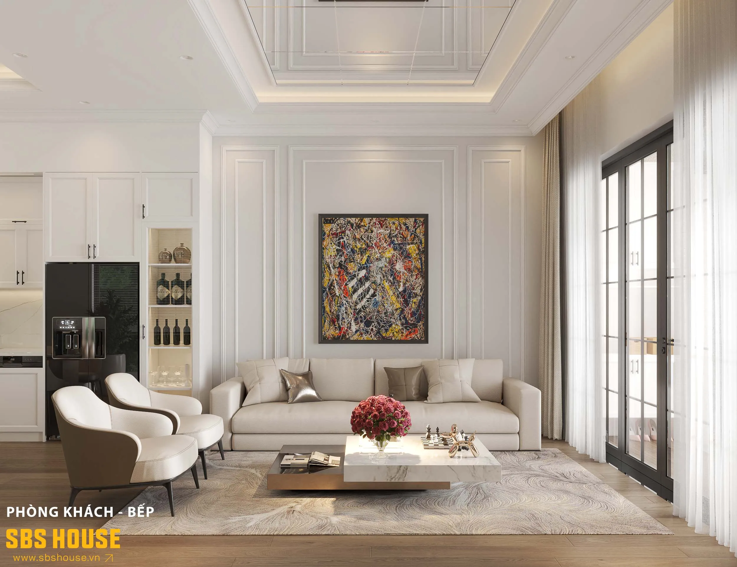 Không gian sinh hoạt chung mở rộng, đón sáng tối đa qua khung cửa lớn – nơi gia chủ thoải mái quây quần, trò chuyện và thư giãn mỗi ngày.