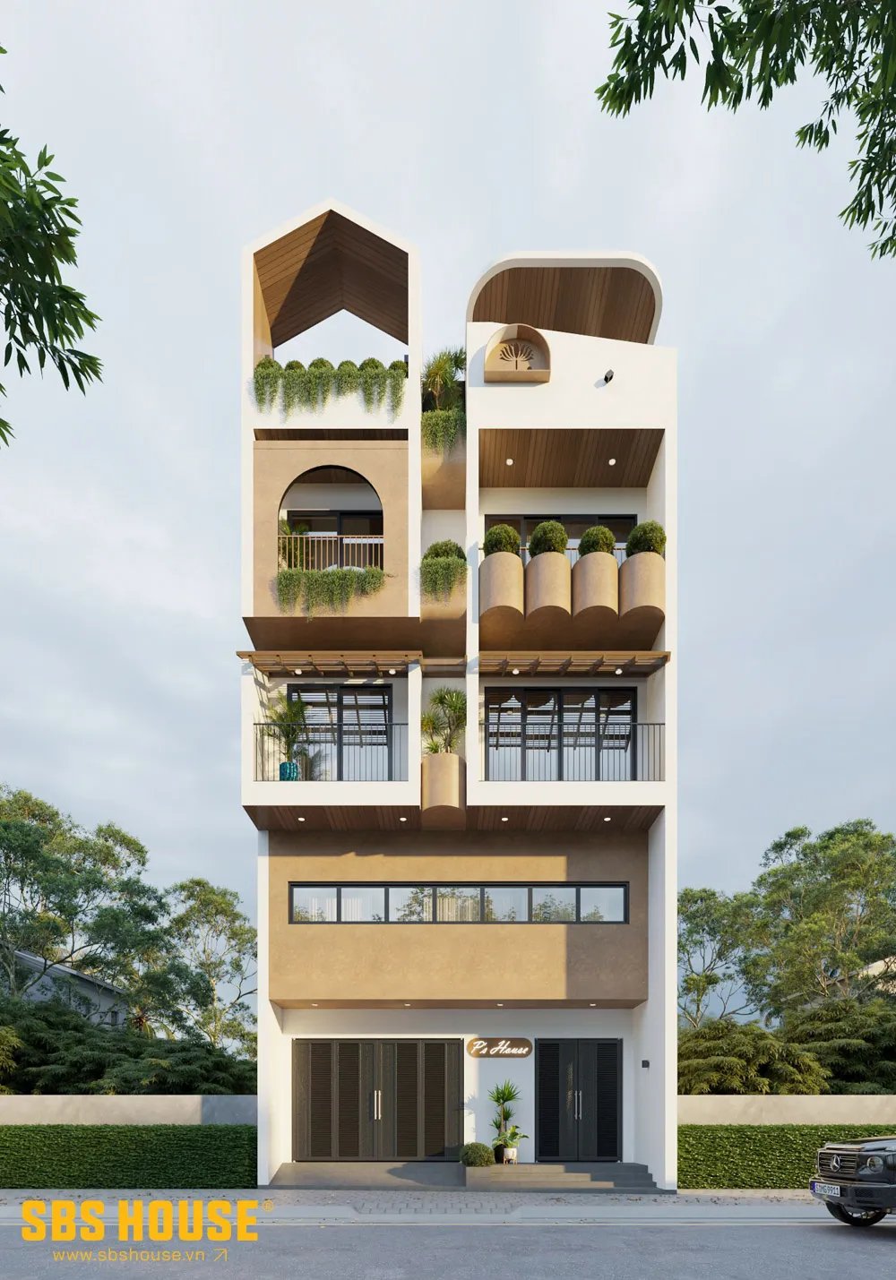 Mặt tiền hiện đại với mảng đặc - rỗng đan xen tạo nên nhịp điệu kiến trúc vừa đẹp vừa điều tiết vi khí hậu.