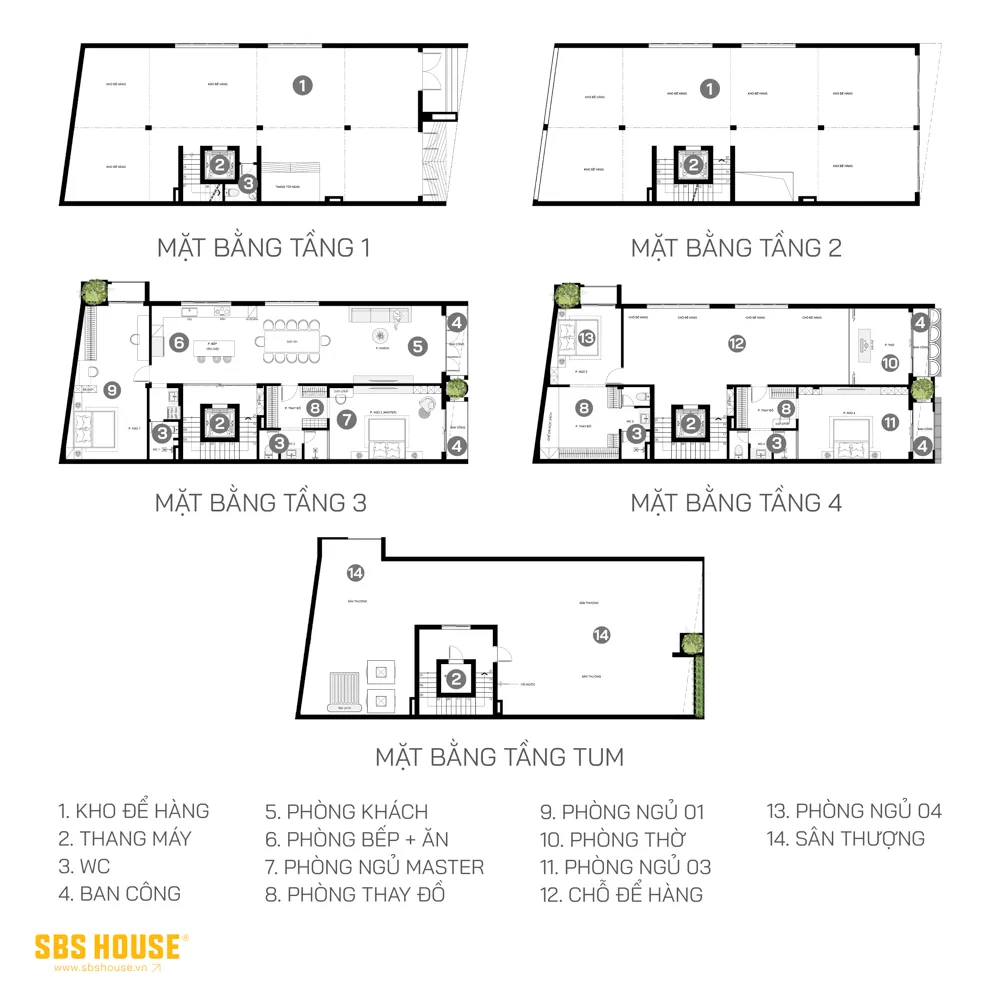 Không gian mặt bằng được bố trí theo trục đứng, tách biệt rõ ràng giữa khu kinh doanh và nơi ở của gia đình.