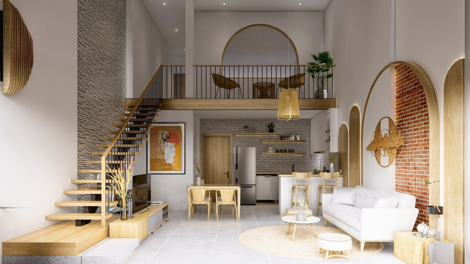 mẫu nhà cấp 4 3 phòng ngủ có thiết kế nội thất gỗ hiện đại