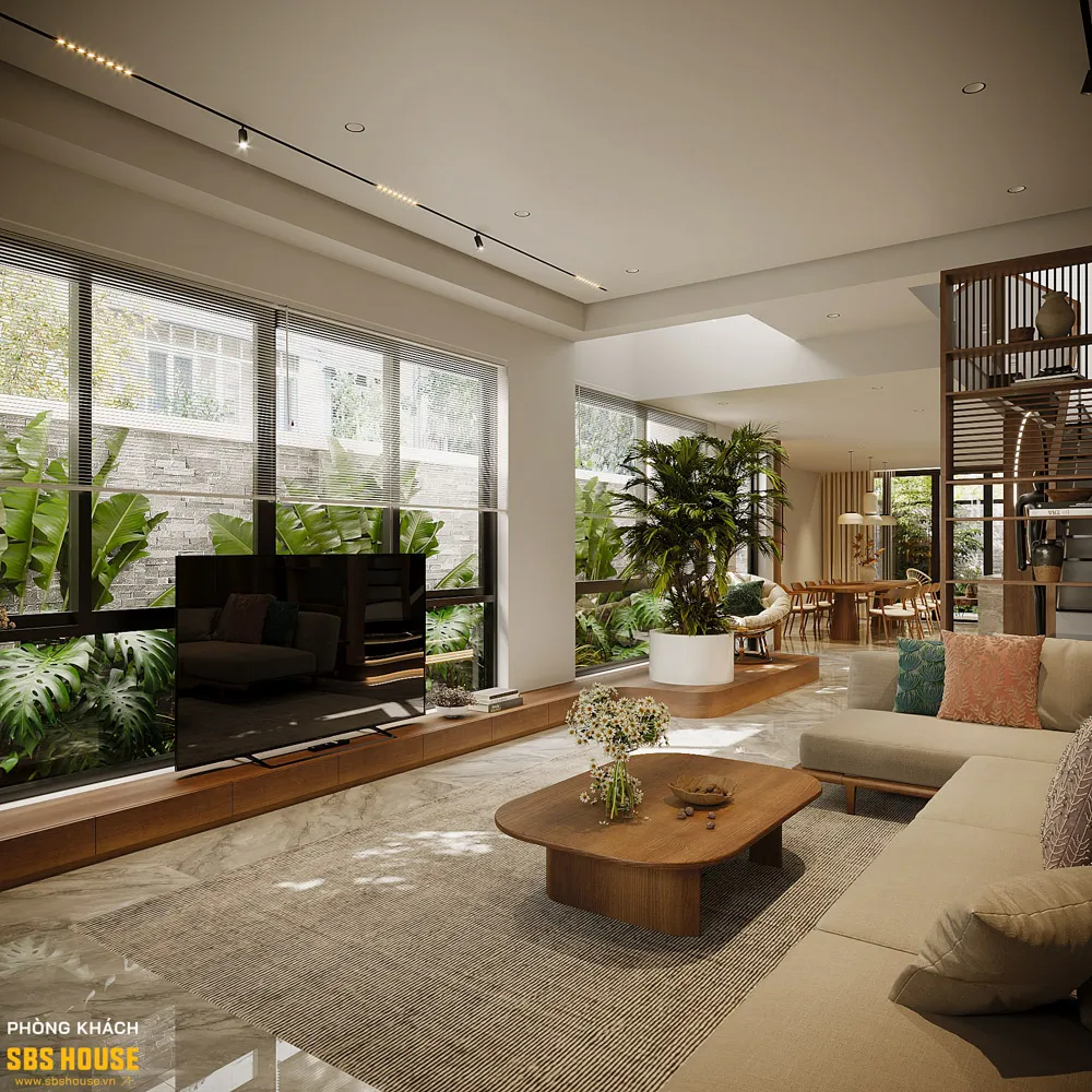 Dù sở hữu tổng diện tích sàn lớn và nhiều không gian chức năng, T’s House vẫn duy trì được cảm giác gắn kết nhờ cách tổ chức giao thông nội bộ mạch lạc và dễ sử dụng. Các lối di chuyển được thiết kế rõ ràng, hạn chế giao cắt phức tạp.