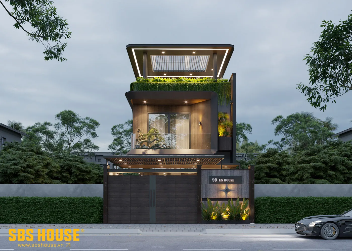 Mặt tiền công trình được thiết kế với tỷ lệ đặc - rỗng hợp lý, hạn chế bức xạ trực tiếp từ hướng Tây Bắc nhưng vẫn giữ được sự thông thoáng và ánh sáng tự nhiên cho không gian bên trong.