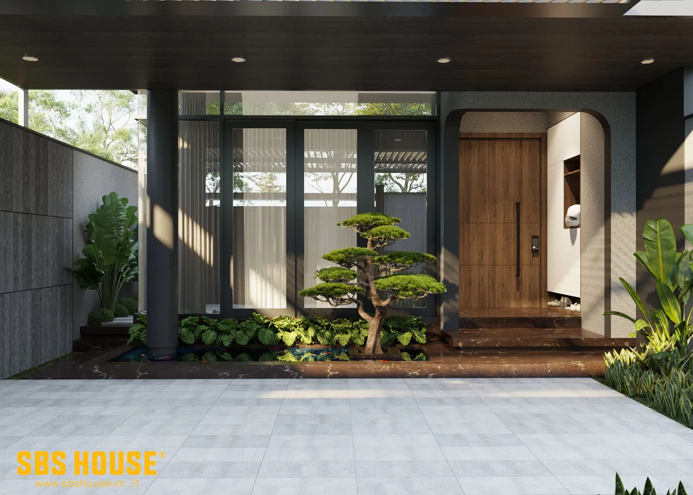 Các lớp không gian chuyển tiếp từ ngoài vào trong giúp ánh nắng được “làm mềm” trước khi đi vào nhà, giảm cảm giác oi bức thường gặp ở nhà hướng Tây vào buổi chiều.