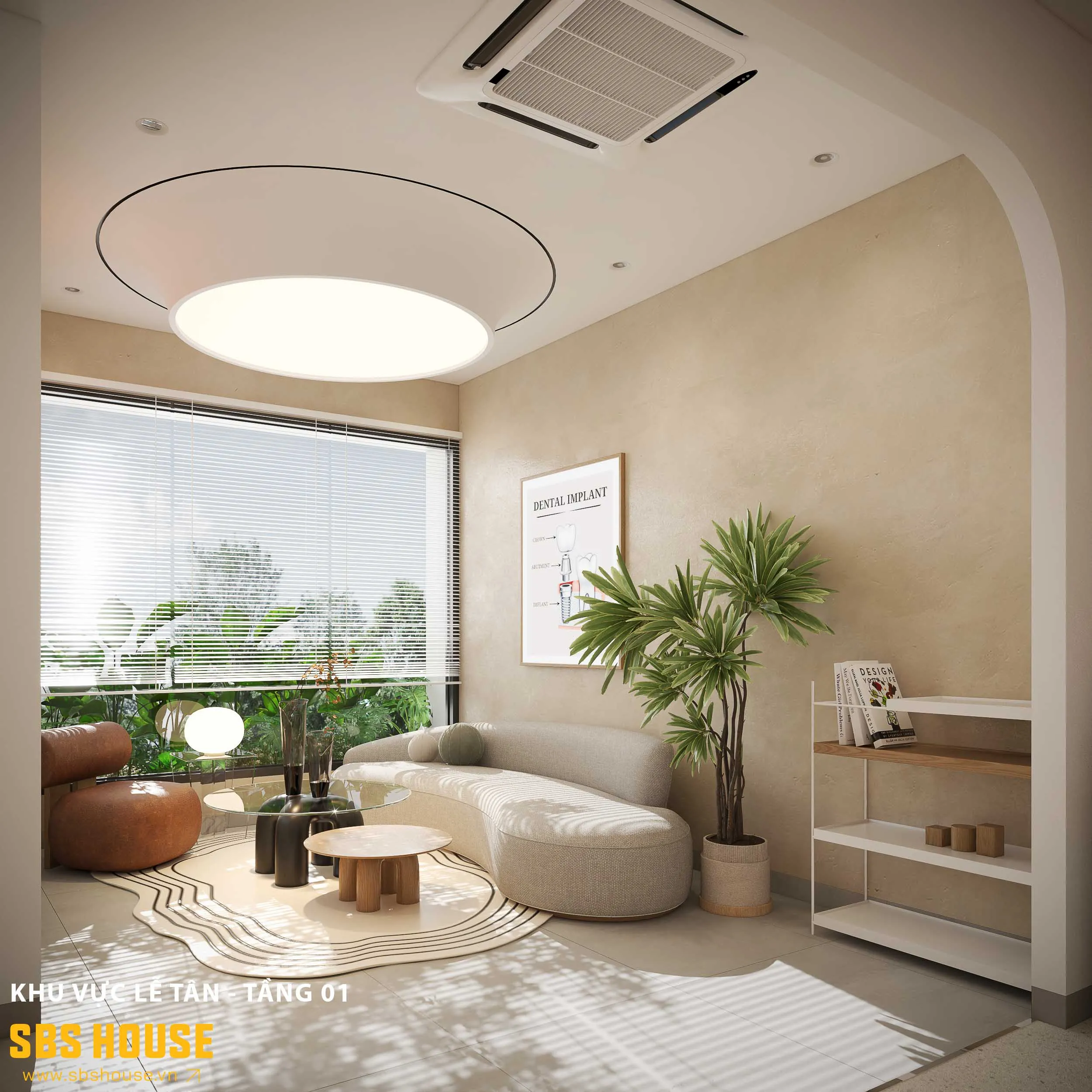 Bảng màu trắng – be – xám nhạt tạo cảm giác sạch sẽ, nhẹ nhàng, đúng tinh thần của phòng khám nha khoa.