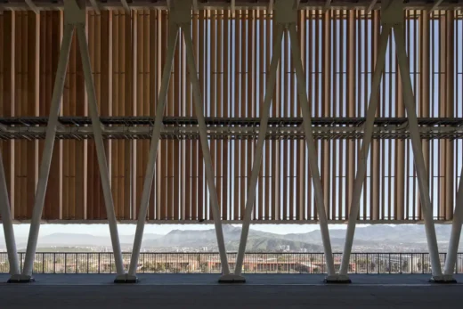 Santiago de Chile football stadium building facade timber rod cladding