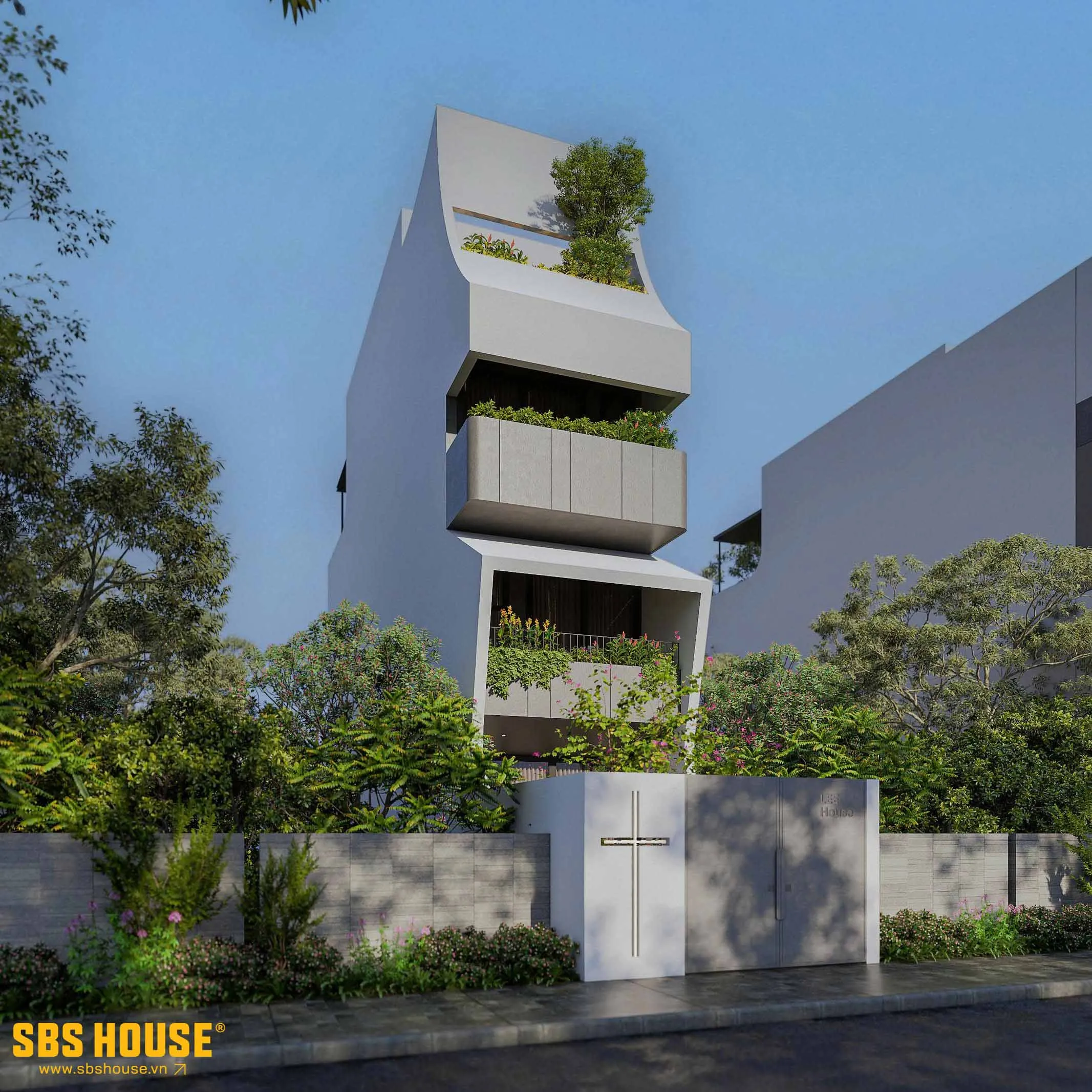 Hình khối tối giản được tiết chế có chủ đích, để kiến trúc trở nên rõ ràng và mạch lạc hơn.Đường chéo thẳng và mảng bo cong mềm mại tạo nên đối thoại giữa cứng và mềm trong tổng thể công trình.