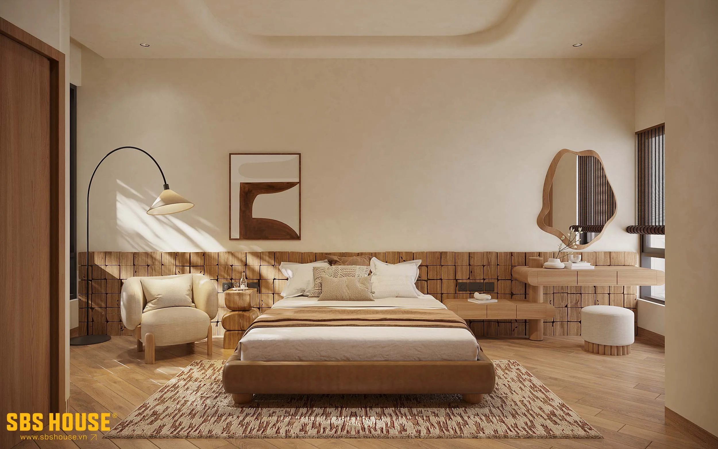 Bảng màu trung tính kết hợp ánh sáng dịu nhẹ, ưu tiên cảm xúc người ở.