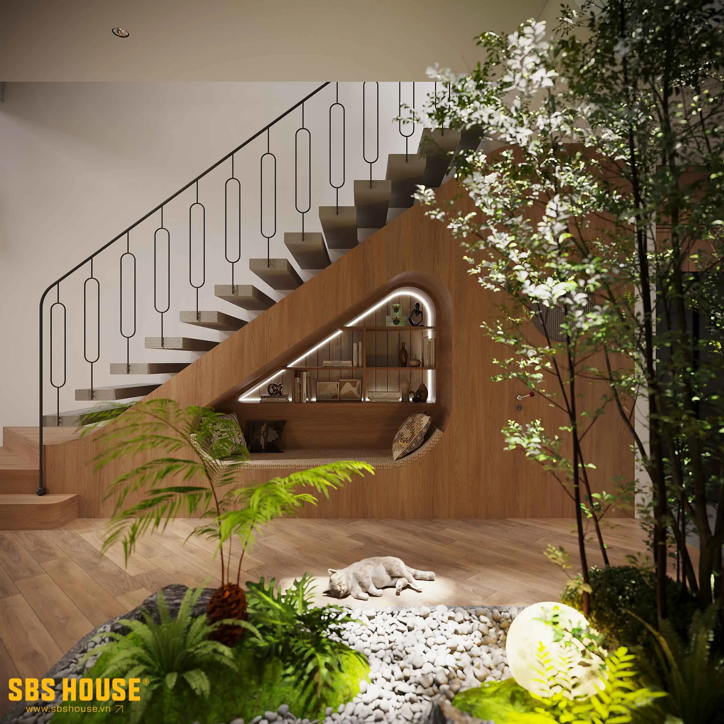 Góc đọc sách dưới gầm cầu thang trở thành điểm dừng cảm xúc giữa dòng chảy sinh hoạt.