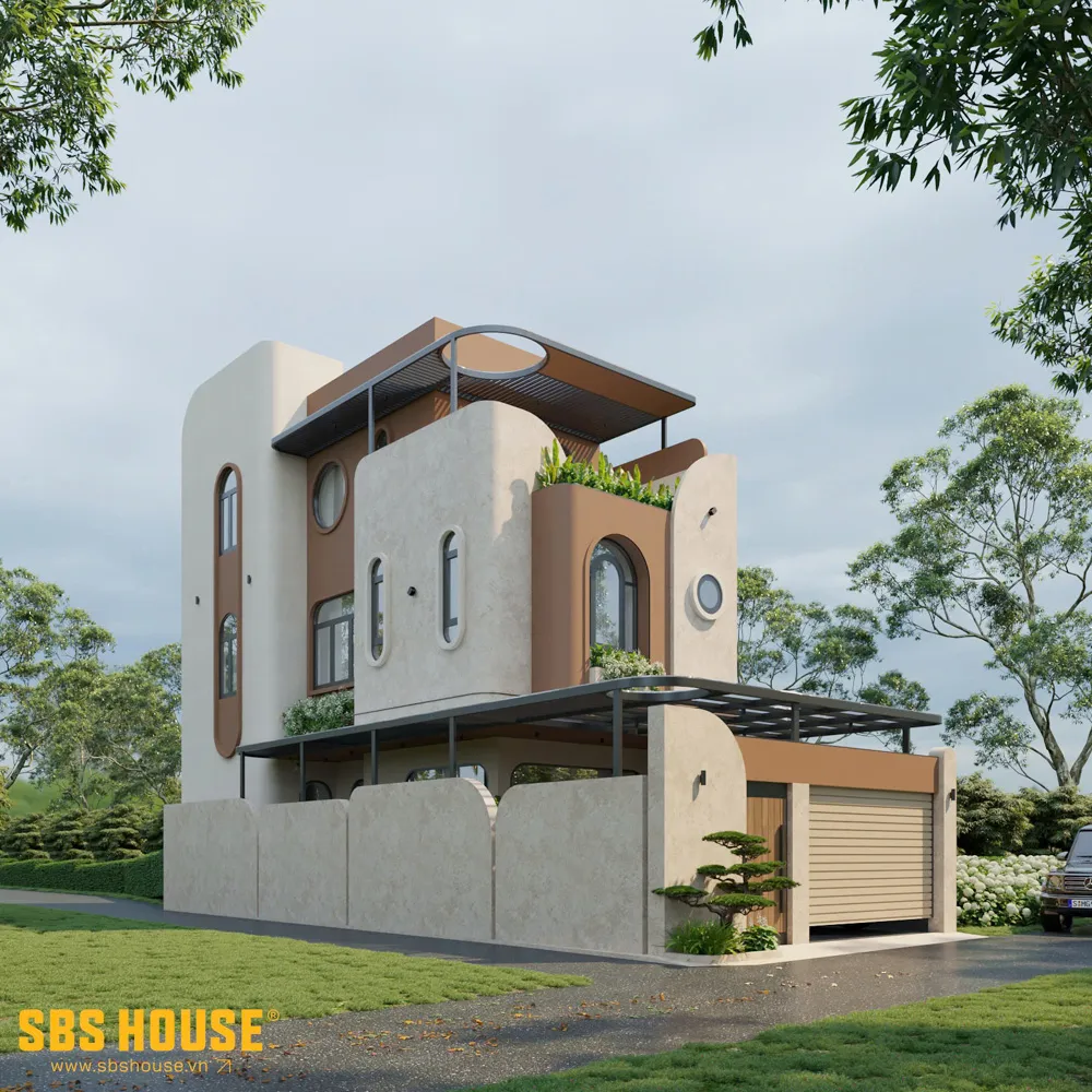 H’s House được định hình bằng ngôn ngữ kiến trúc hiện đại có tiết chế, nơi hình khối rõ ràng kết hợp các đường cong mềm mại để tạo cảm giác cân bằng và điềm tĩnh ngay từ tổng thể.