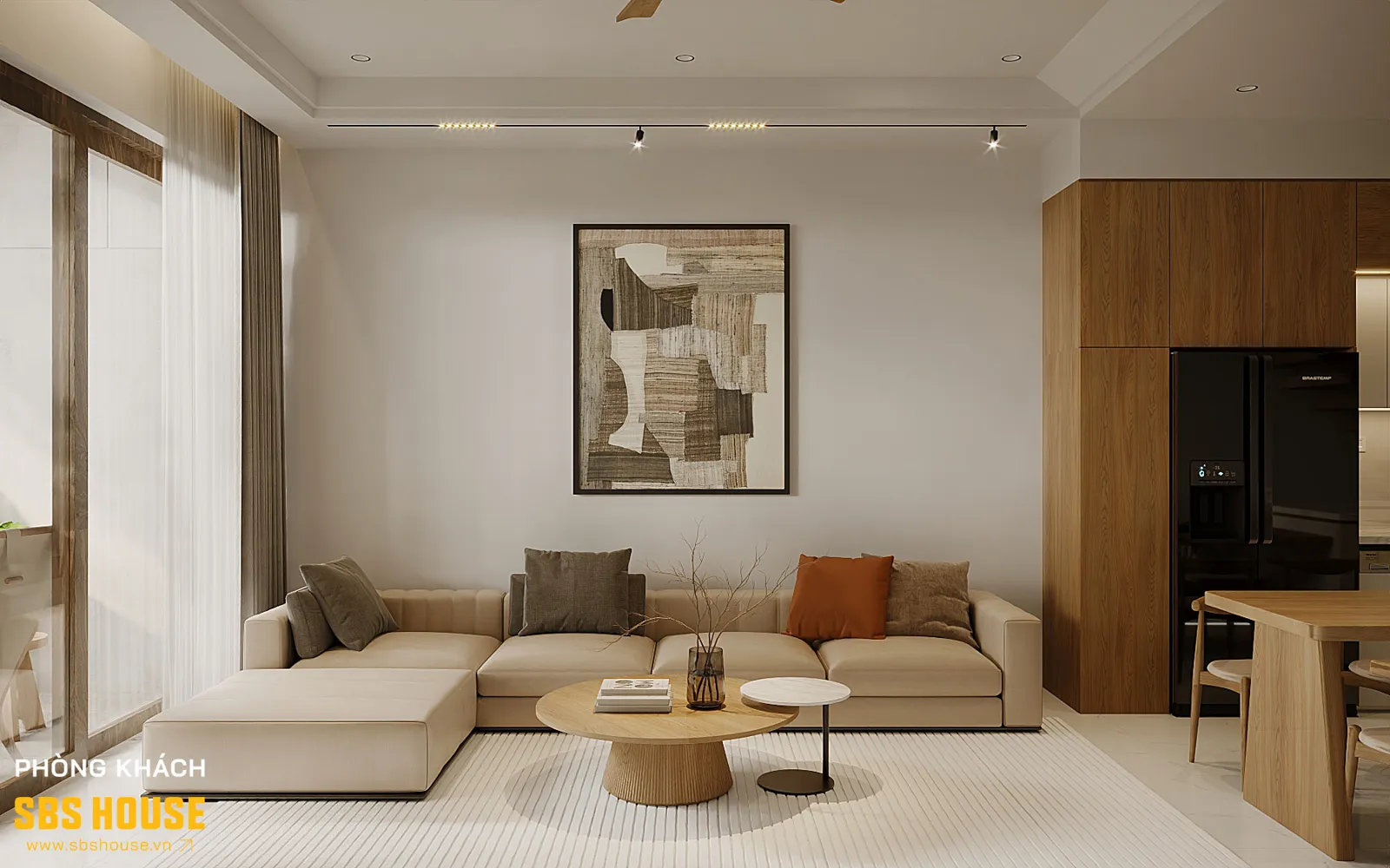 Không gian phòng khách – bếp liên thông giúp tăng kết nối và mở rộng cảm giác thị giác cho tầng 1.