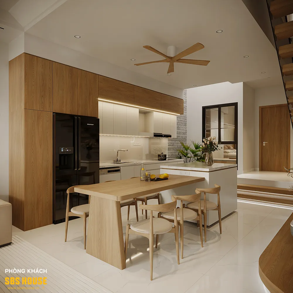 Gỗ tự nhiên và bảng màu trung tính tạo nên nền không gian ấm cúng, gần gũi.