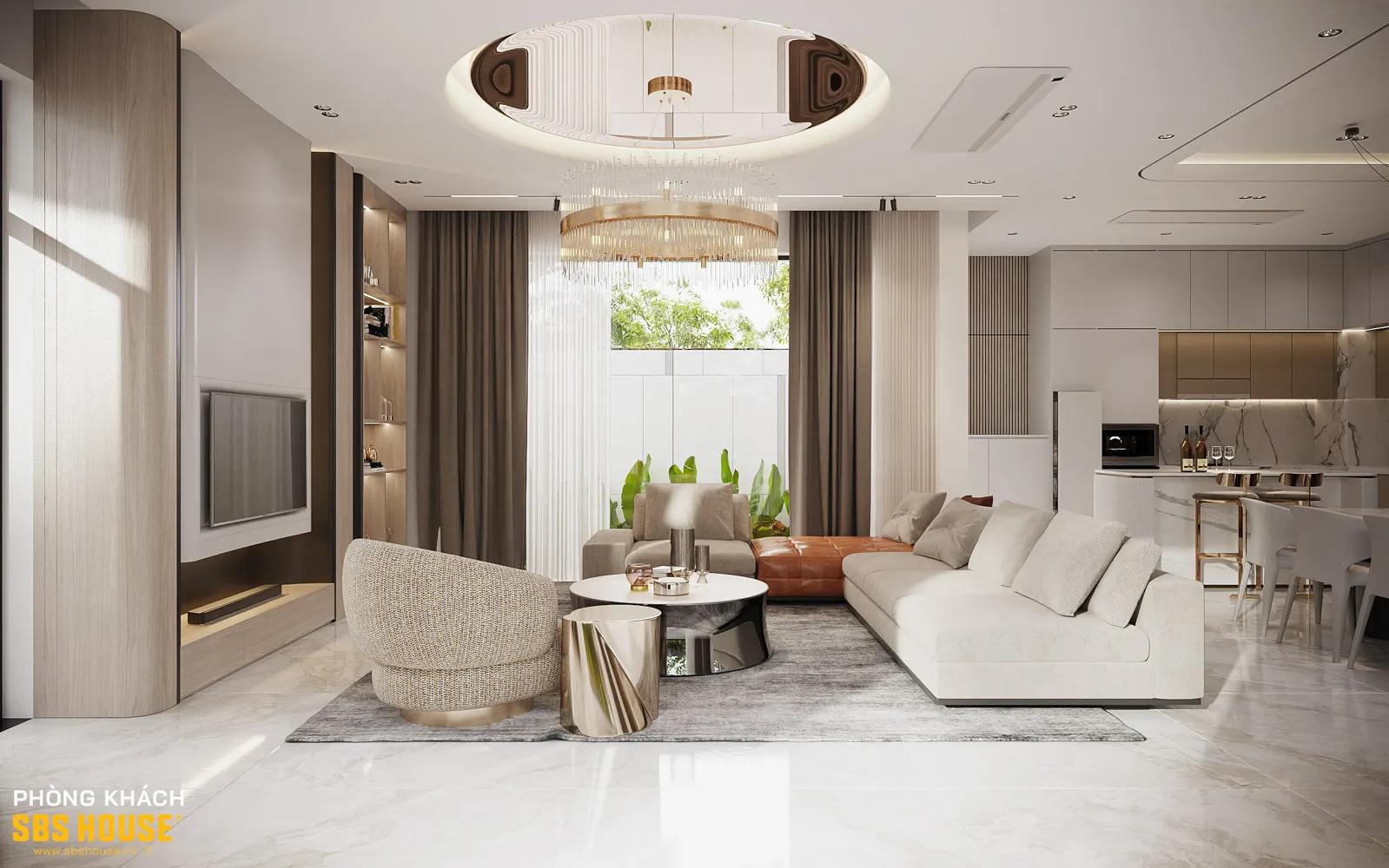 Không gian sinh hoạt chung tại B’s House được tổ chức mở, kết nối phòng khách – bếp – ăn trong một dòng chảy liền mạch, tối ưu ánh sáng và tầm nhìn.