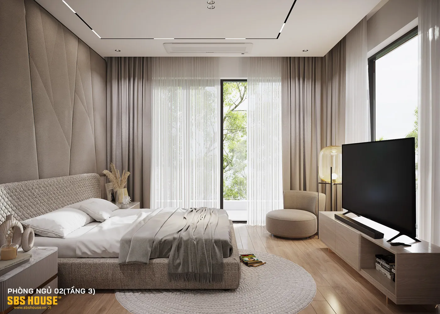 Sự kết hợp giữa ánh sáng, cây xanh và vật liệu trung tính tạo nên một tổng thể xanh – sáng – thoáng đúng tinh thần B’s House.