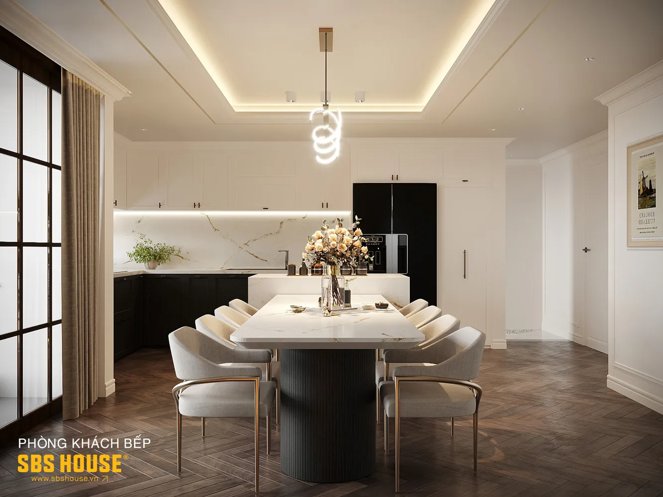 Nội thất gam trắng chủ đạo kết hợp phào chỉ tinh giản theo tinh thần tân cổ hiện đại.