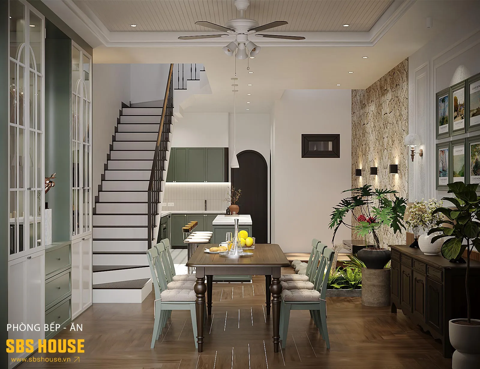 Khu vực bếp - ăn với sắc xanh cổ điển, tạo chiều sâu và cảm giác ấm cúng cho không gian.