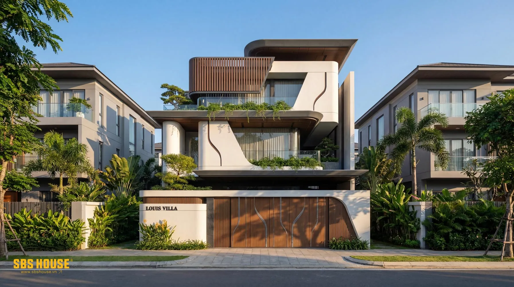 Ngôn ngữ đường cong được lặp lại xuyên suốt từ cổng, tường bao đến mặt đứng, tạo nên dấu ấn mềm mại và nhịp điệu kiến trúc riêng cho Louis Villa.
