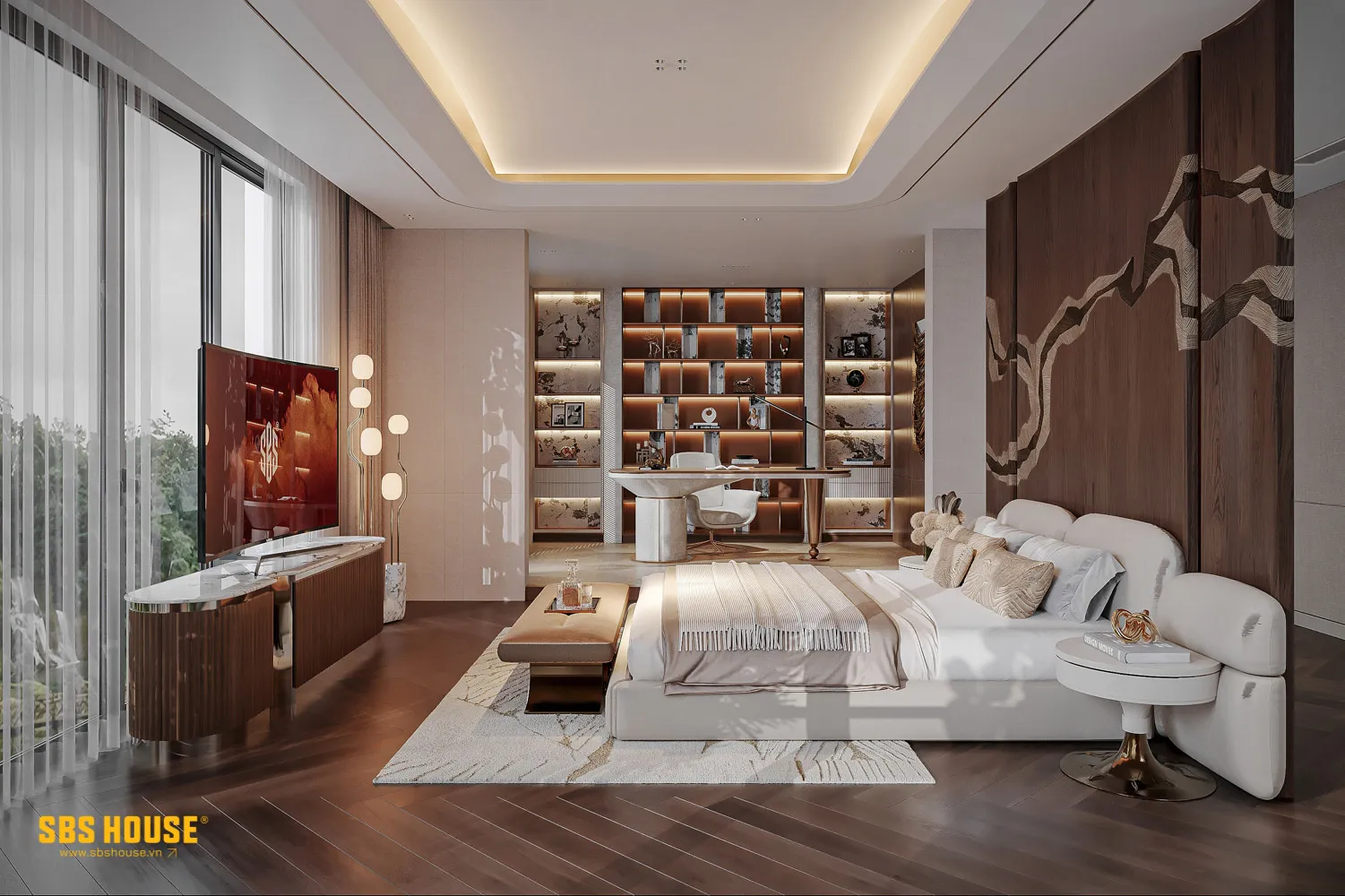 Bảng màu beige, kem, nâu gỗ và chocolate tạo nên lớp nền ấm áp, giúp không gian giữ được vẻ thanh lịch, trầm ổn và chiều sâu cảm xúc.