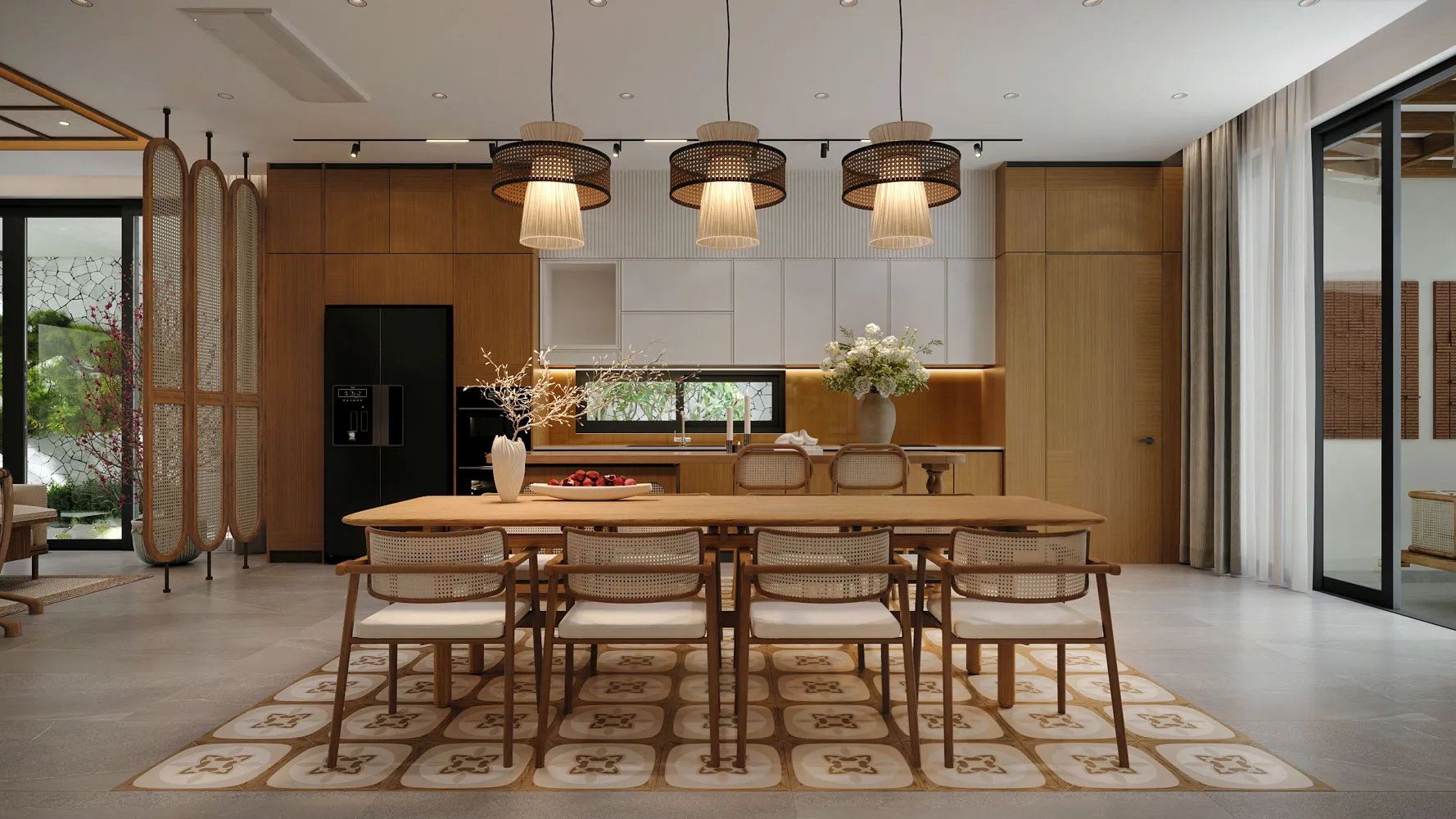 Những đường nét bo cong, hệ nan gỗ và bảng màu trung tính giúp không gian hiện đại trở nên mềm hơn về cảm xúc. 