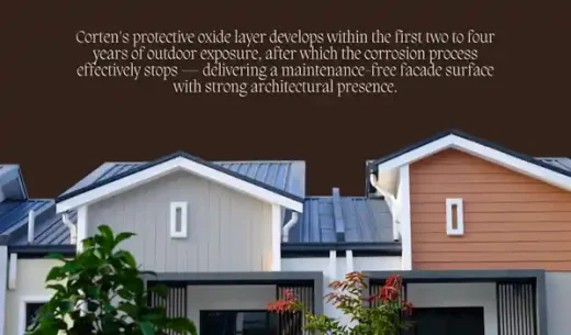 Self-protecting steel facade material with zero paint