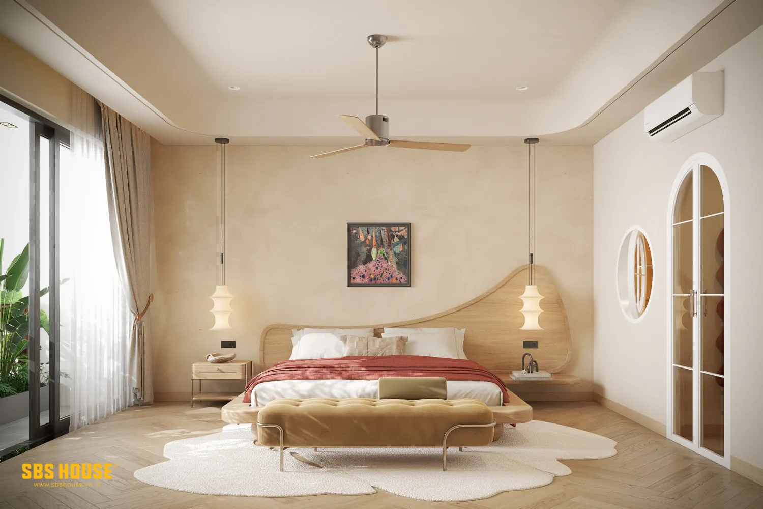 Những đường cong ở trần, vòm cửa, đầu giường và đồ nội thất giúp làm mềm cấu trúc nhà phố hiện đại.