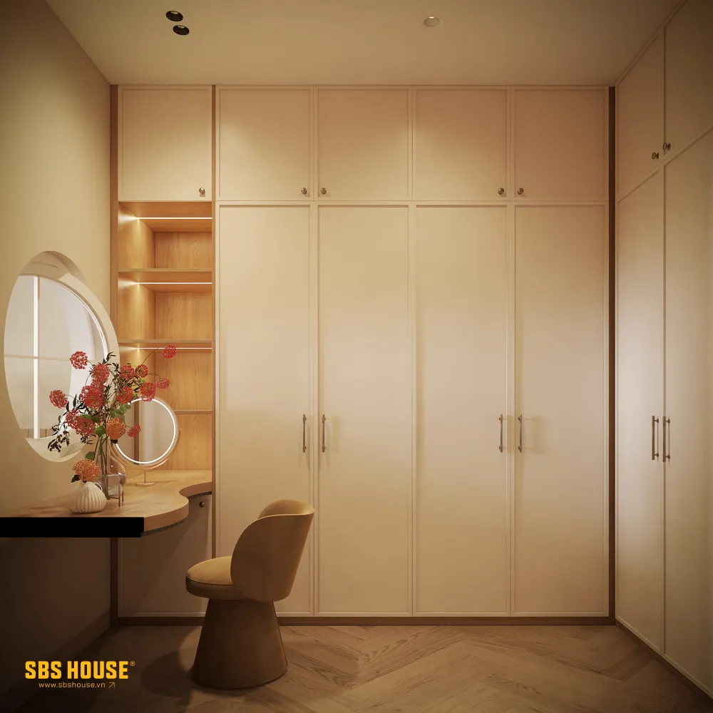 Bảng màu trung tính kết hợp vật liệu tự nhiên giúp L’s House giữ được tinh thần tối giản nhưng vẫn gần gũi, ấm áp.