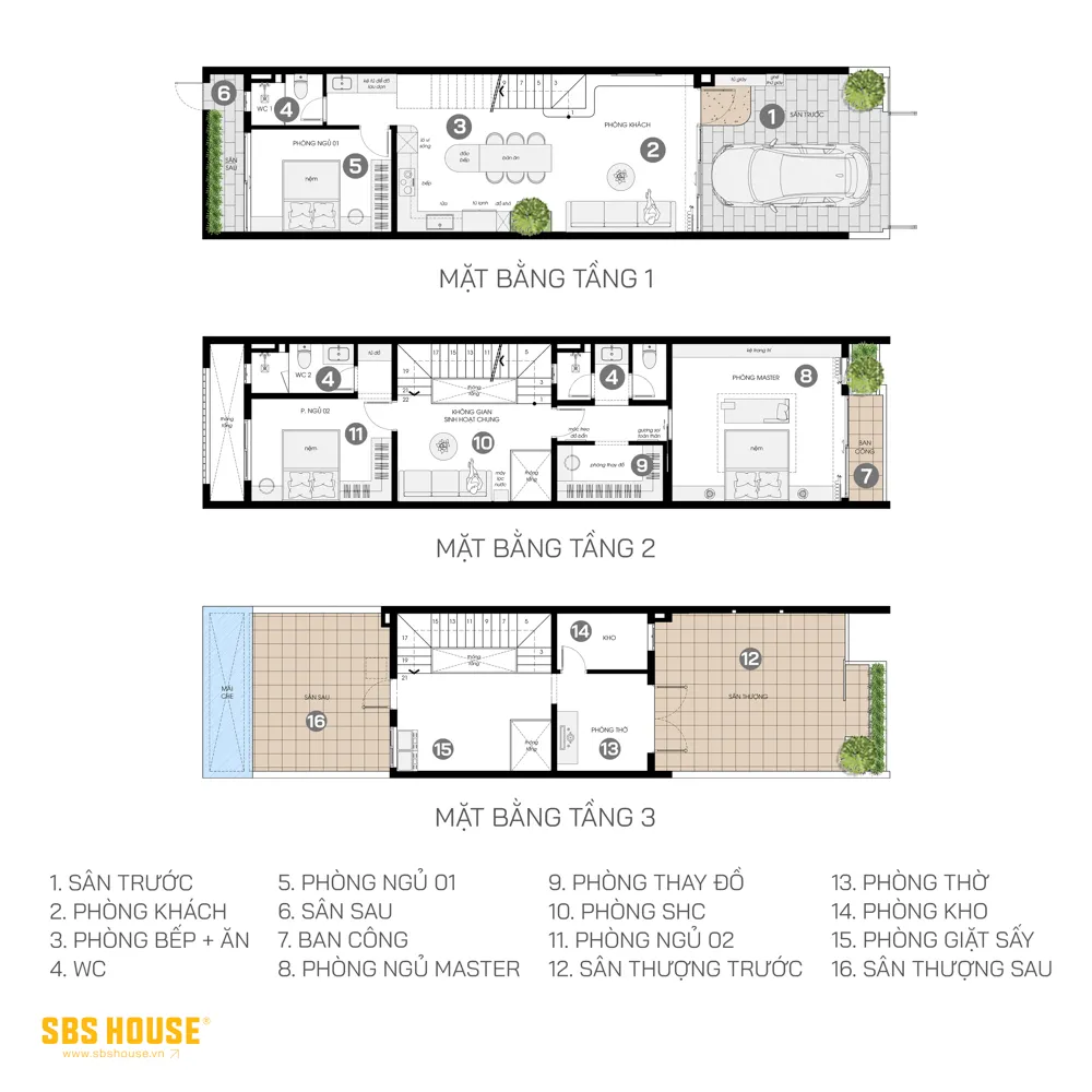 Mặt bằng L’s House được tổ chức theo nguyên tắc tối ưu không gian, không lãng phí diện tích cho gia đình 5 thành viên.