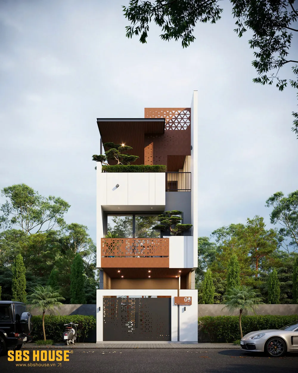 Các mảng đặc – rỗng được tính toán để mặt tiền vừa lấy sáng, thông gió, vừa giữ sự riêng tư cần thiết cho nhà phố.