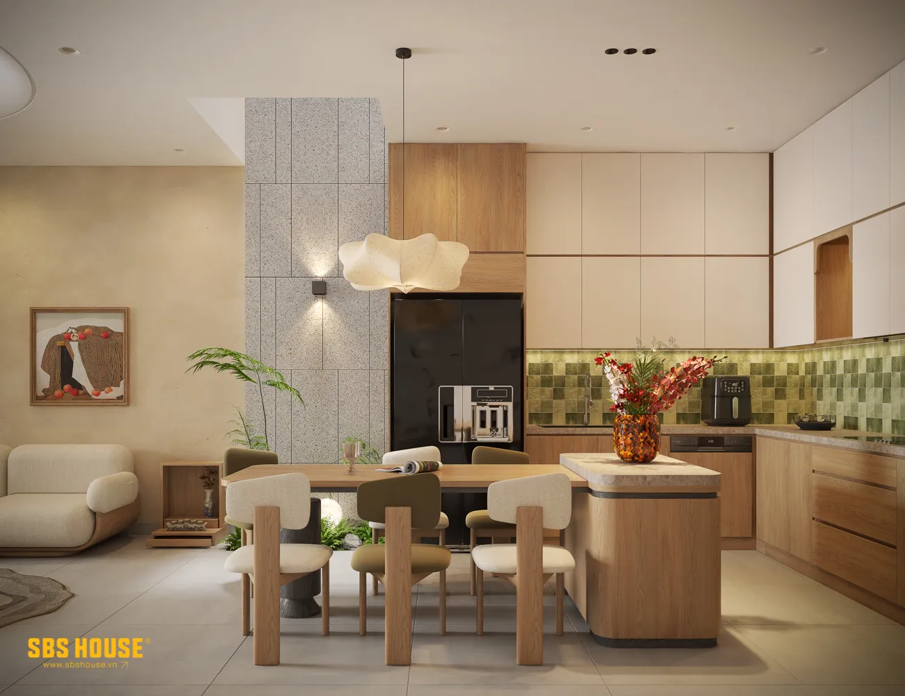 Ánh sáng tự nhiên được dẫn vào nhà qua mặt tiền, sân sau, ô thông tầng và hệ cửa lớn, hạn chế cảm giác bí ở khu vực giữa nhà.