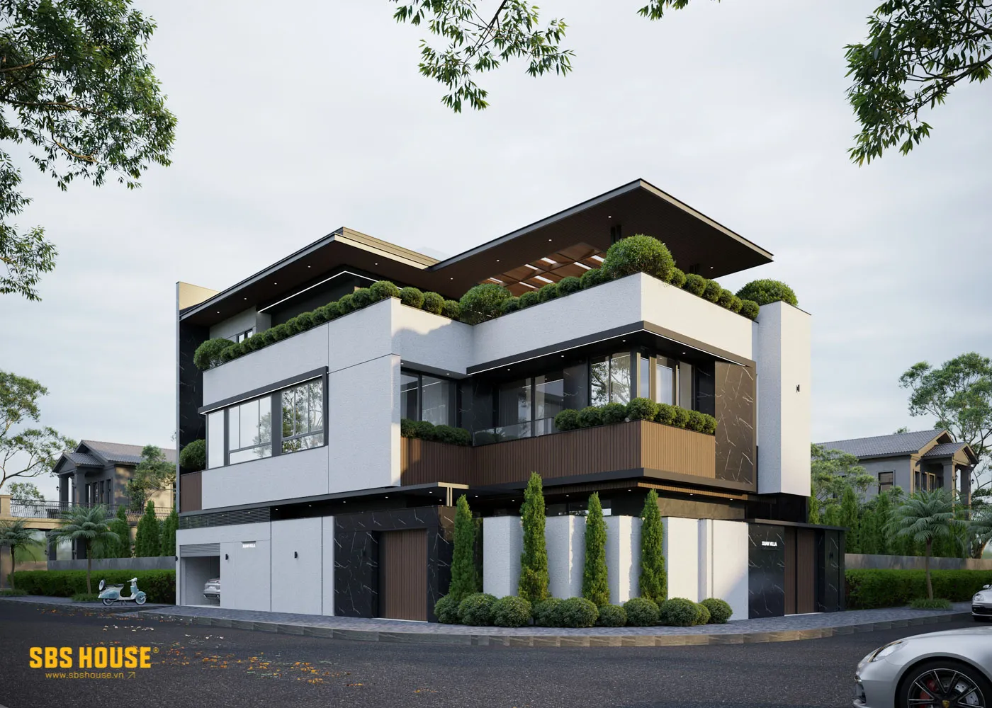 Mặt tiền X’s Villa với bố cục hình khối mạch lạc, tối giản nhưng vẫn giữ được sự sang trọng tinh tế